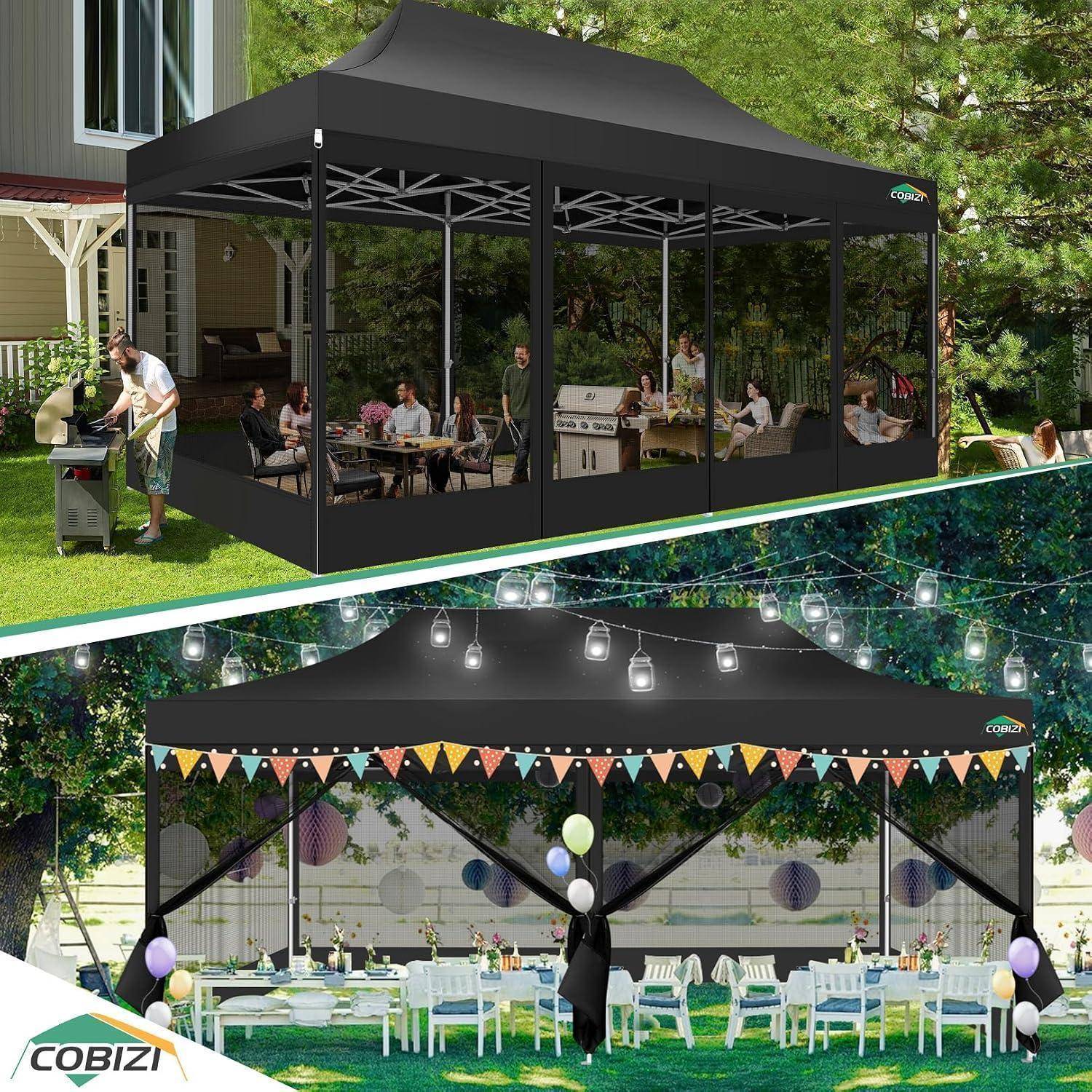 Zwei Ansichten eines schwarzen Outdoor-Event-Pavillons: eine zeigt sitzende Gäste neben einem Haus, die andere ist mit Wimpeln, Laternen und Partytischen geschmückt.