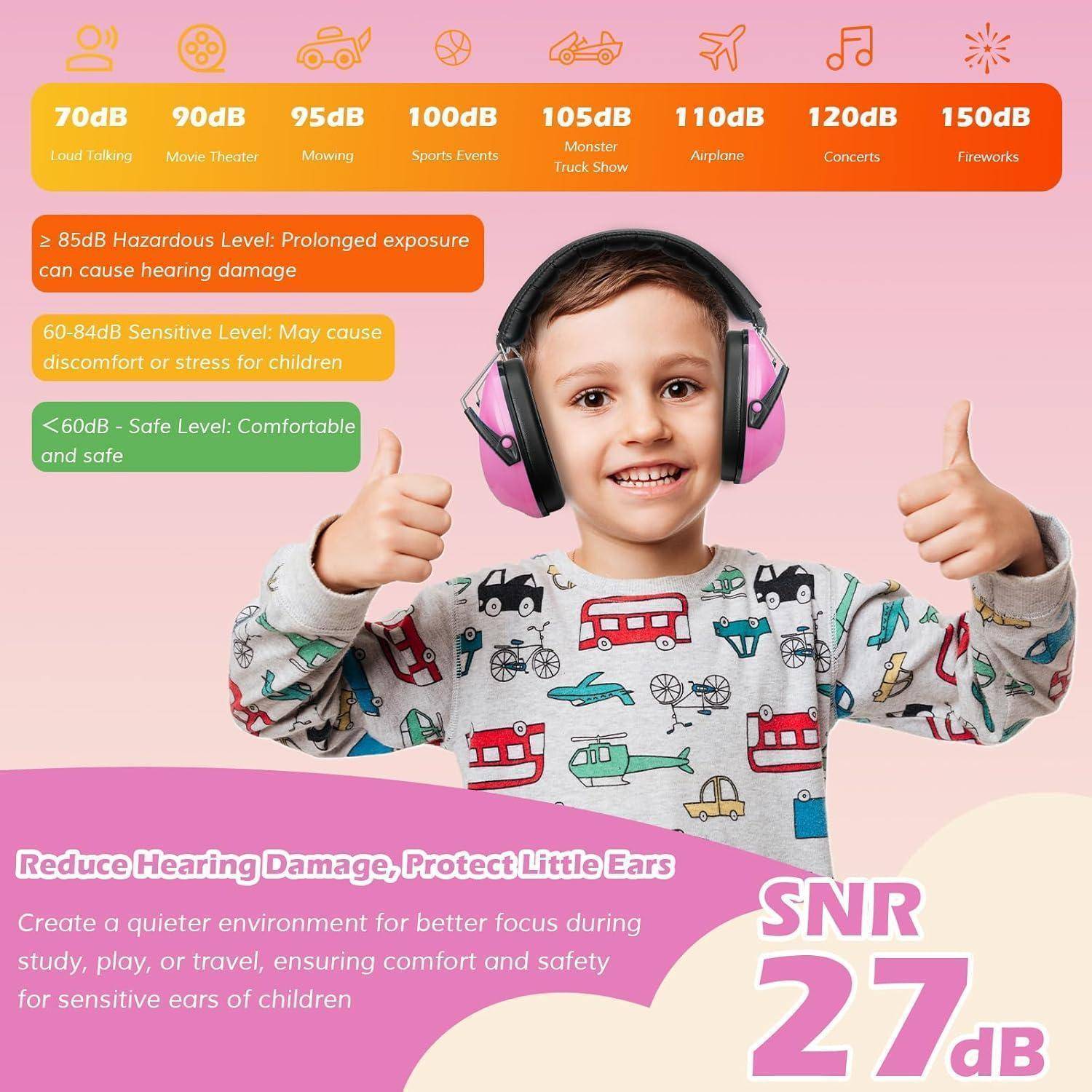 Kind trägt rosa Ohrenschützer und gibt Daumen hoch; Infografik zur Gehörsicherheit zeigt Dezibel-Stufen von 70 dB Sprechen bis 150 dB Feuerwerk und empfiehlt, Lärm für Kinder zu reduzieren.