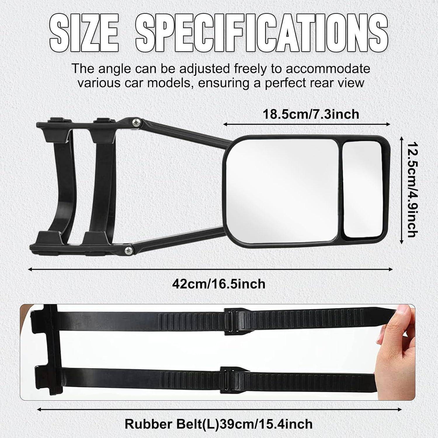 Größenspezifikationen-Diagramm für einen verstellbaren Autorückblick-Spiegel: Der Spiegel misst 42 cm Länge, mit 18,5 cm breitem und 12,5 cm hohem Kopf, plus 39 cm Gummiband.