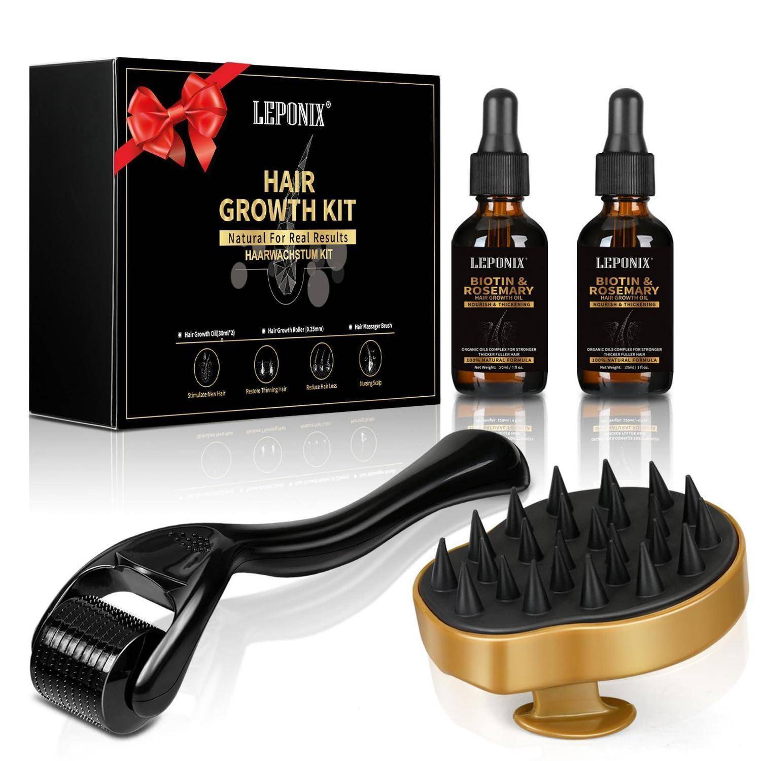 LEPONIX Haarwachstums-Set mit schwarzer Box, zwei Biotin- und Rosmarin-Tropfflaschen, einer Microneedle-Rolle und einer Kopfhautmassagebürste.
