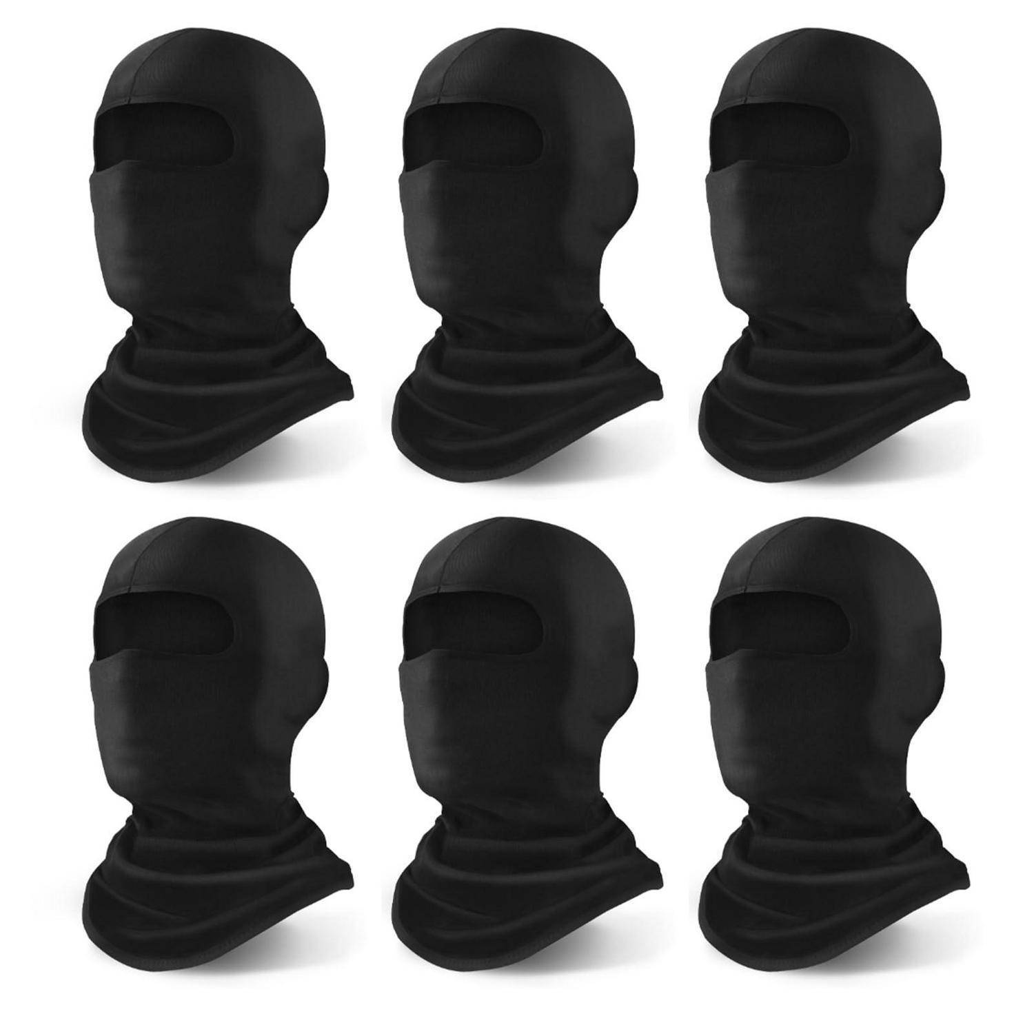 Sechs schwarze Sturmhaube-artige Gesichtsmasken, die in einem 3x2-Raster auf weißem Hintergrund angeordnet sind.