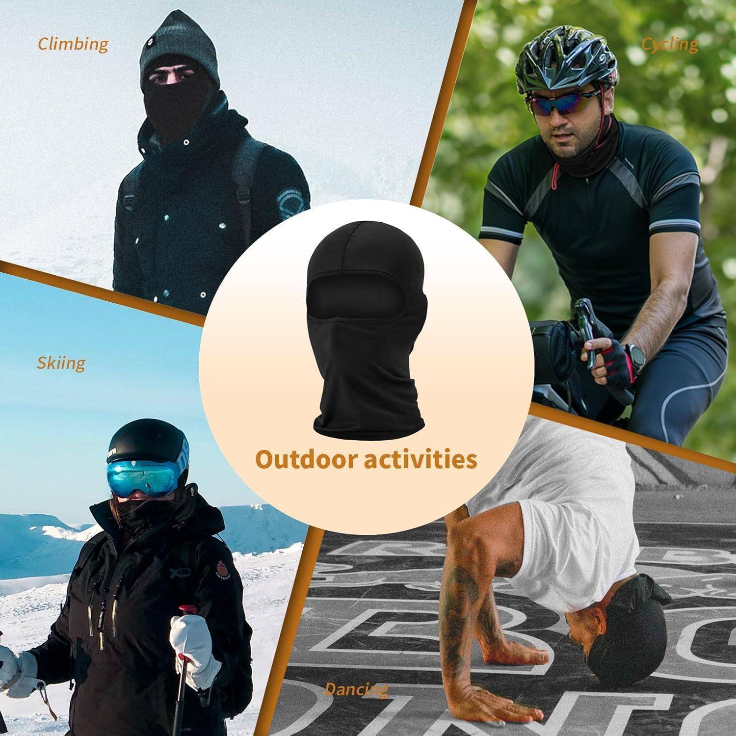 Collage mit einer schwarzen Sturmhaube für Outdoor-Aktivitäten, auf dem Menschen diese beim Klettern, Radfahren, Skifahren und Tanzen verwenden.