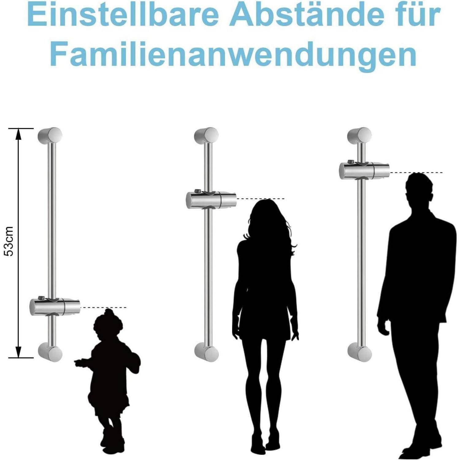 Diagramm mit verstellbaren, an der Schiene montierten Badezimmergriffen in verschiedenen Höhen für die Familiennutzung: Ein Bereich von 53 cm bietet Platz für ein Kind, eine erwachsene Frau und einen großen Mann.