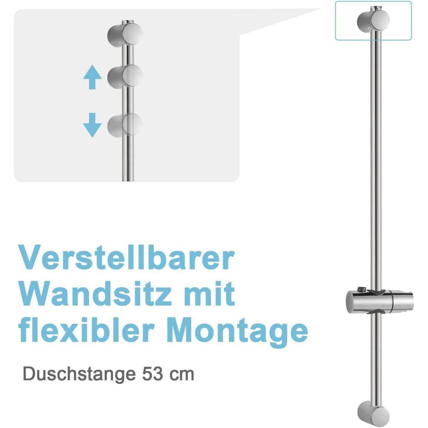 Produktbild einer Duschstange, die eine verstellbare Wandhalterung mit flexibler Montage zeigt; Deutscher Text lautet 'Verstellbarer Wandsitz mit flexibler Montage' und 'Duschstange 53 cm'.
