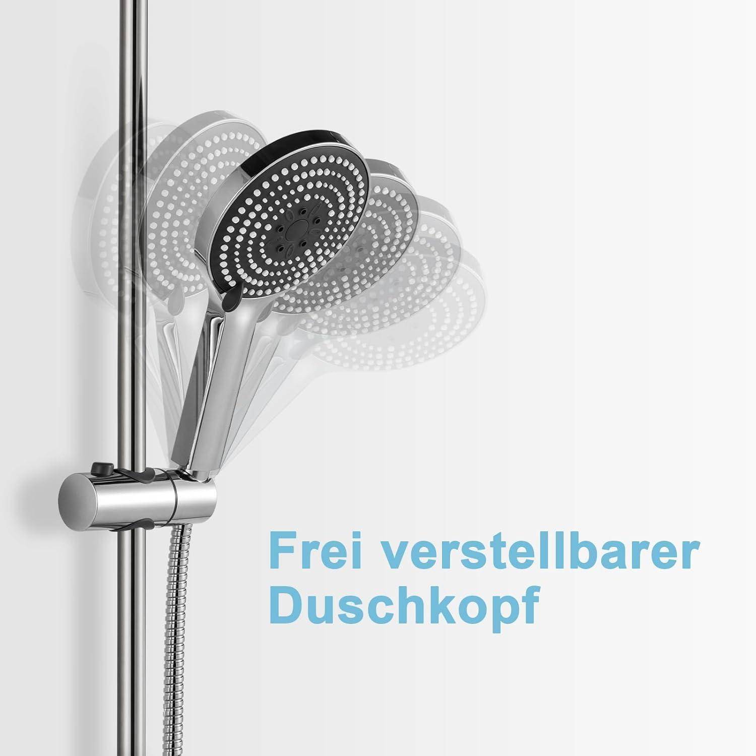 Frei verstellbarer Duschkopf auf einer vertikalen Schiene, dargestellt in mehreren Positionen, mit deutschem Text „Frei verstellbarer Duschkopf