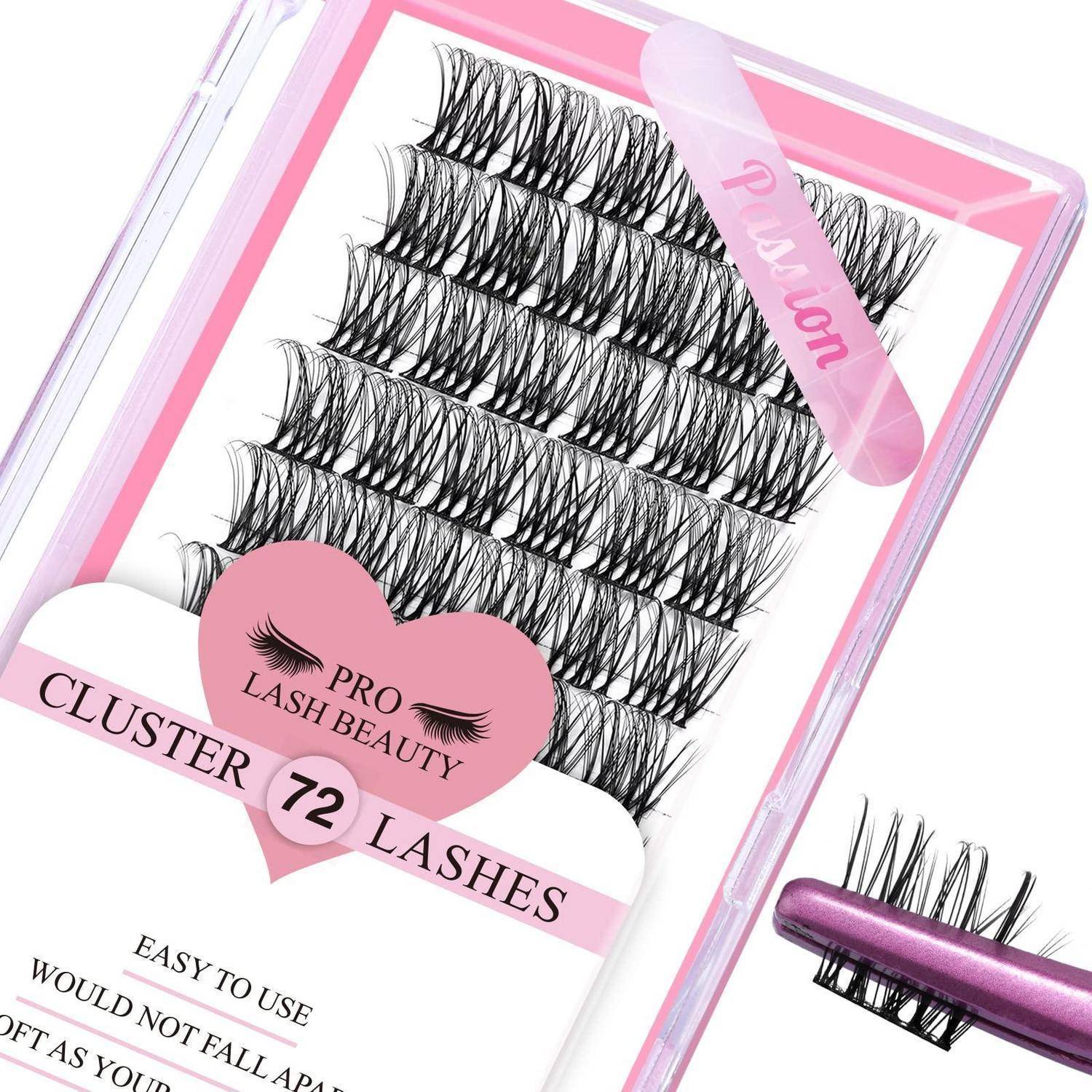Packung von 'PRO LASH BEAUTY' Cluster-Wimpern, gekennzeichnet mit '72 WIMPERN' und 'Einfach zu verwenden', mit einem Wimpernapplikator, der eine Streifen-Wimpernverlängerung hält.