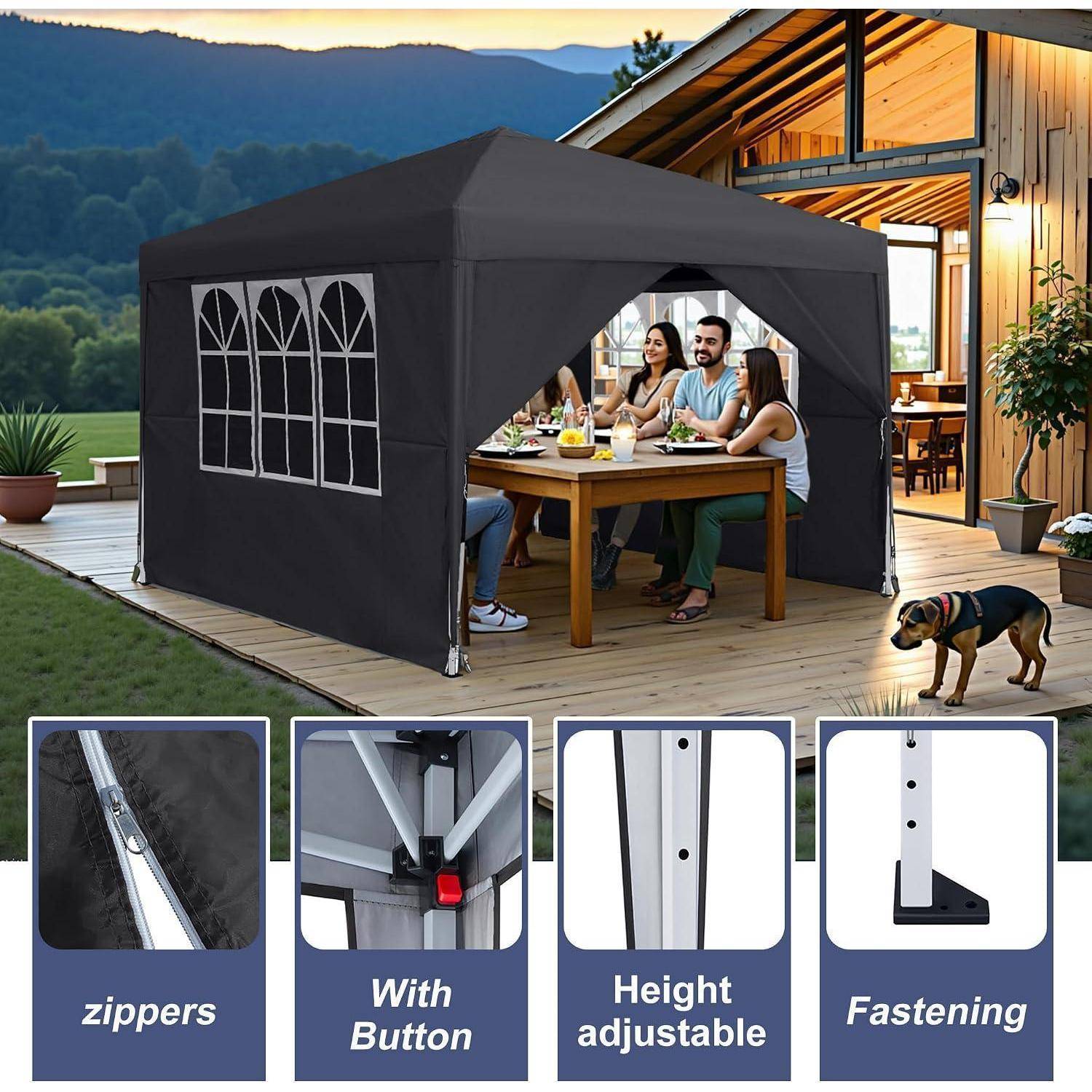 Pop-up-Outdoor-Baldachindach mit Maschenfenstern, das Menschen schützt, die auf einer Terrasse speisen; untere Paneele zeigen Reißverschlüsse, Knopf, höhenverstellbaren Rahmen und Befestigungsdetails.