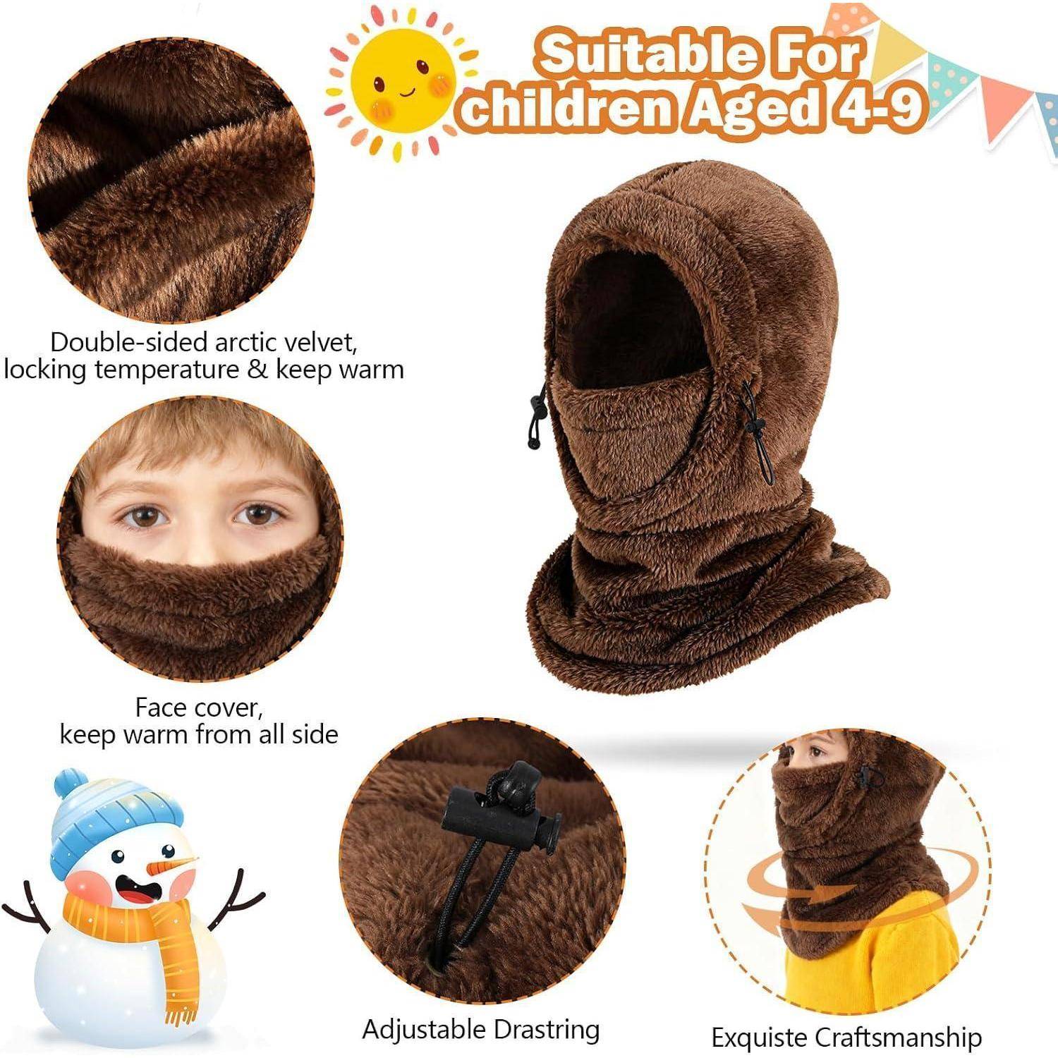 Produktbild einer braunen Kinder-Fleece-Balaklava mit Gesichtsschutz, gekennzeichnet als geeignet für Kinder im Alter von 4–9 Jahren, mit Nahaufnahmen des Stoffes, der Zugschnur und der Winterwärmefunktionen.