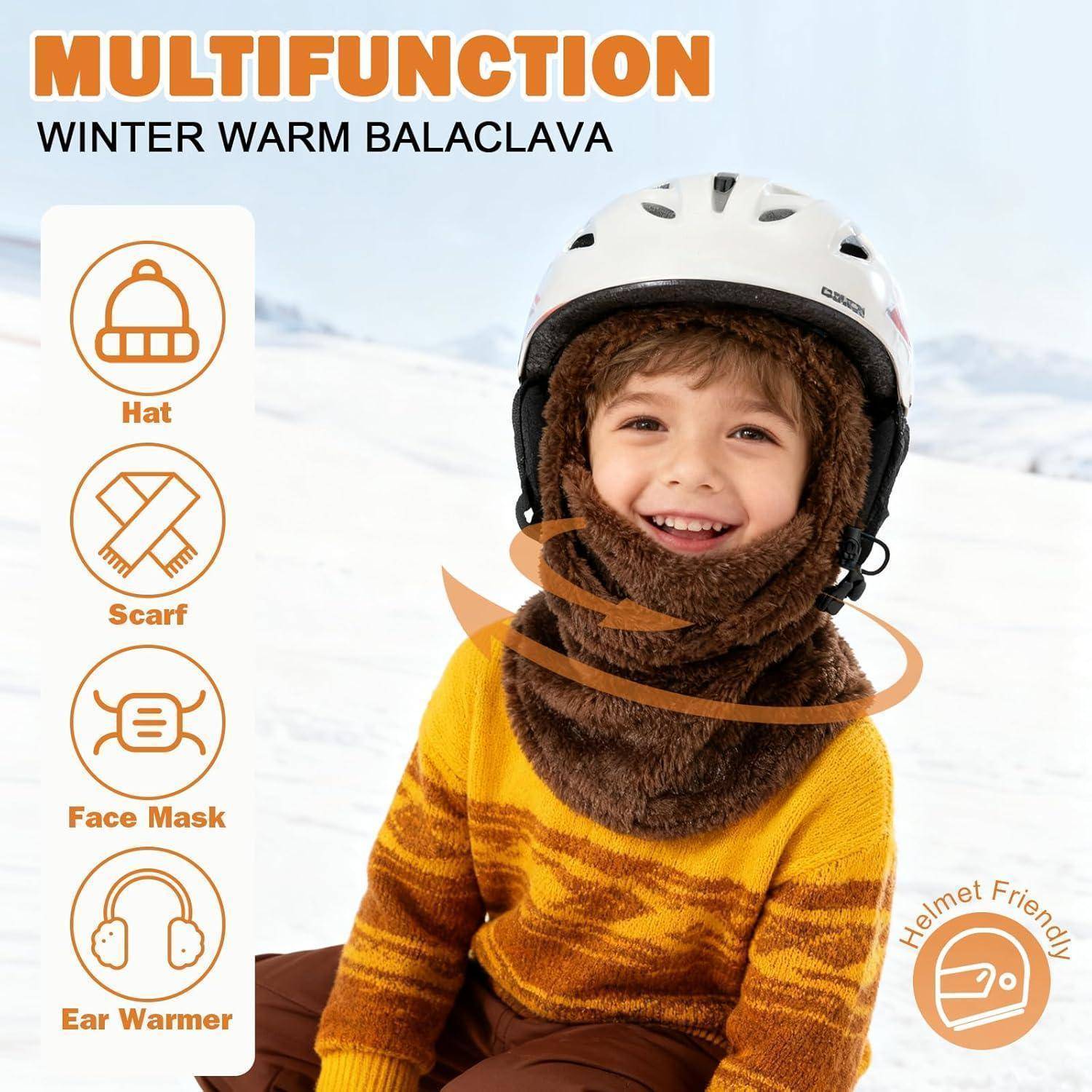 Kind mit Helm und braunem Gesichtsschal, gezeigt als multifunktionaler Winter-Wärmeschal, der als Mütze, Schal, Gesichtsmaske und Ohrenwärmer funktioniert.
