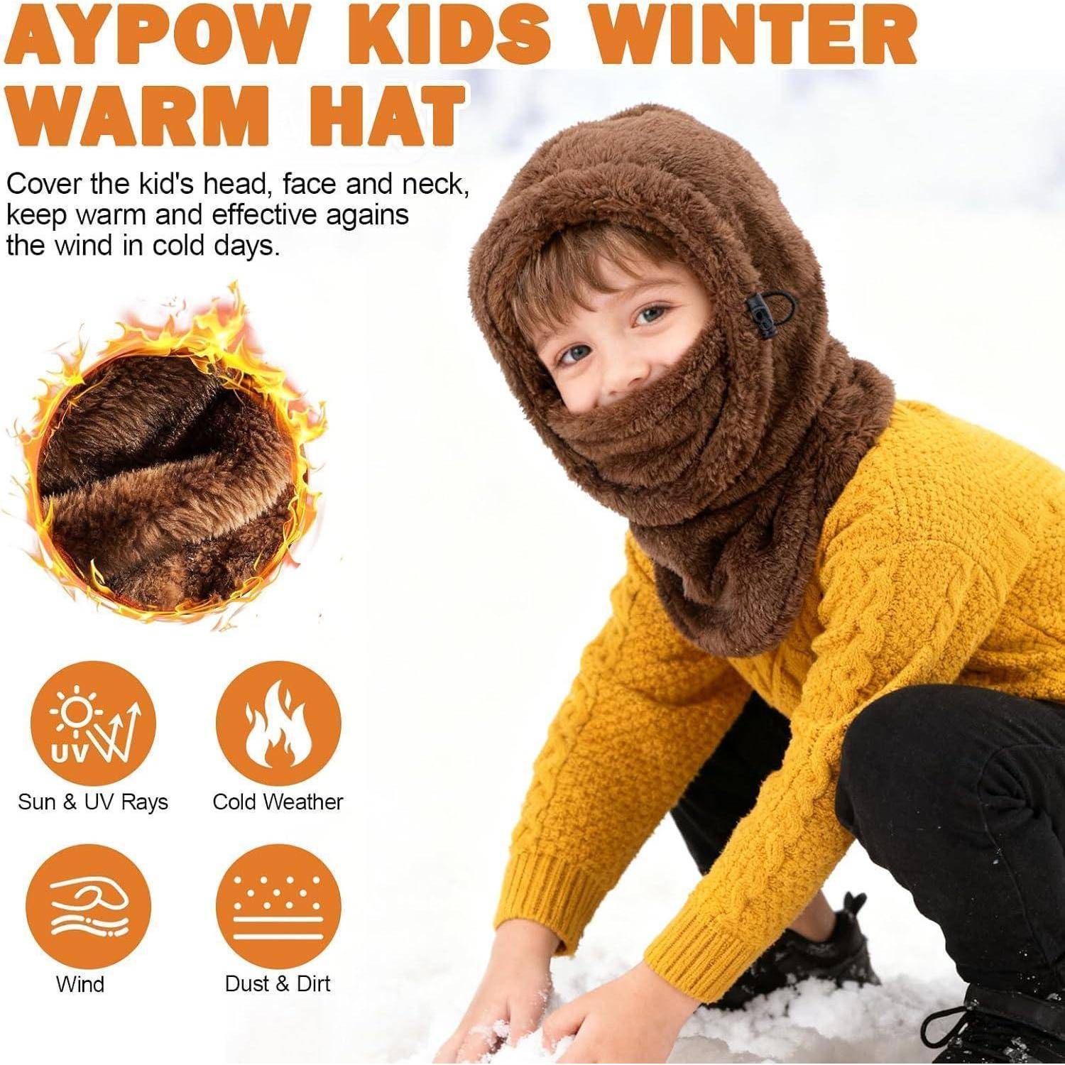 Kind mit brauner warmer Wintermütze, die Kopf, Gesicht und Nacken bedeckt, dargestellt mit Symbolen für Sonnen-, Kälte-, Wind- und Staubschutz.