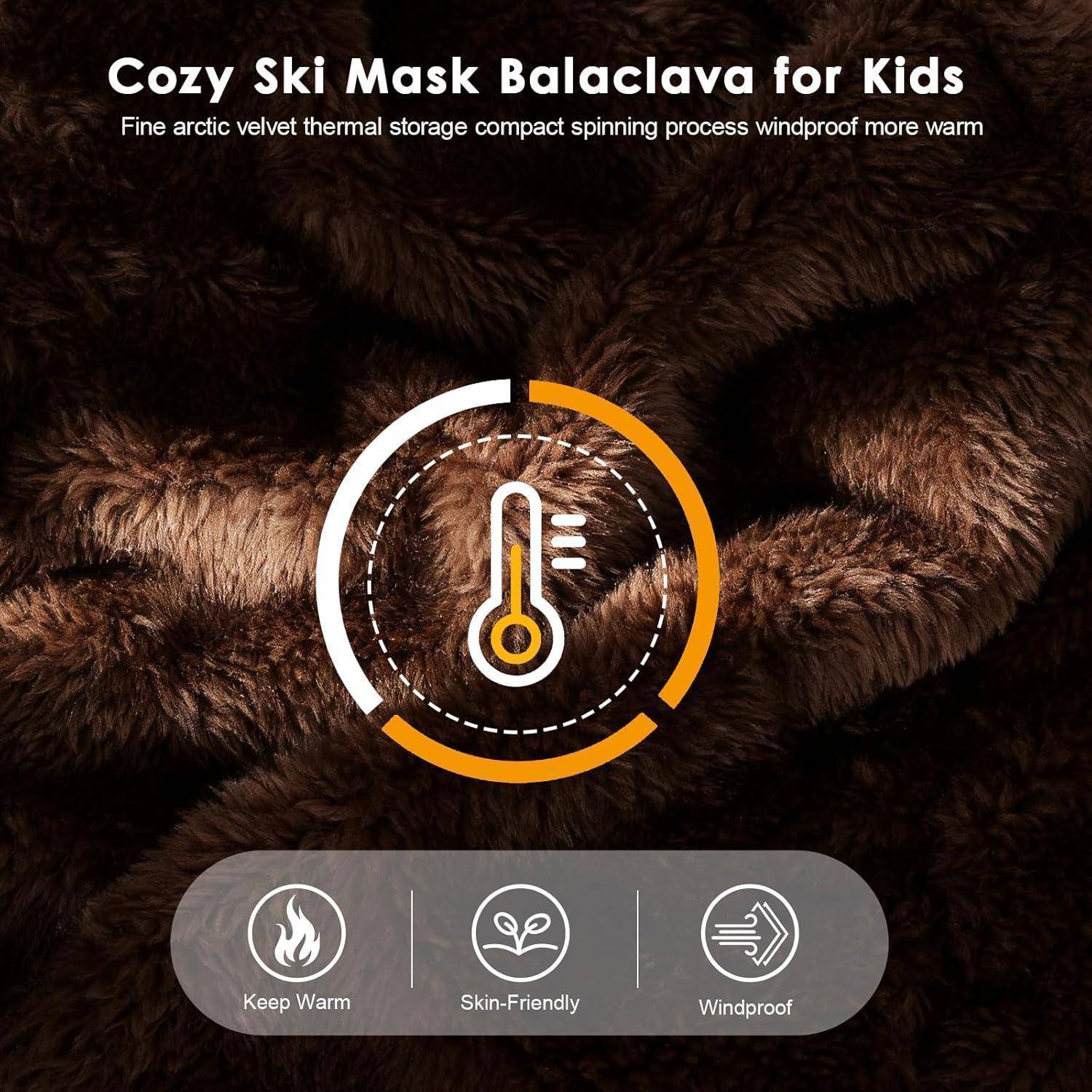 Anzeige für gemütliche Kinder-Ski-Maske Sturmhaube auf braunem Pelzhintergrund, mit Thermometer-Symbol und Funktionsetiketten: Warmhalten, Hautfreundlich, Winddicht.