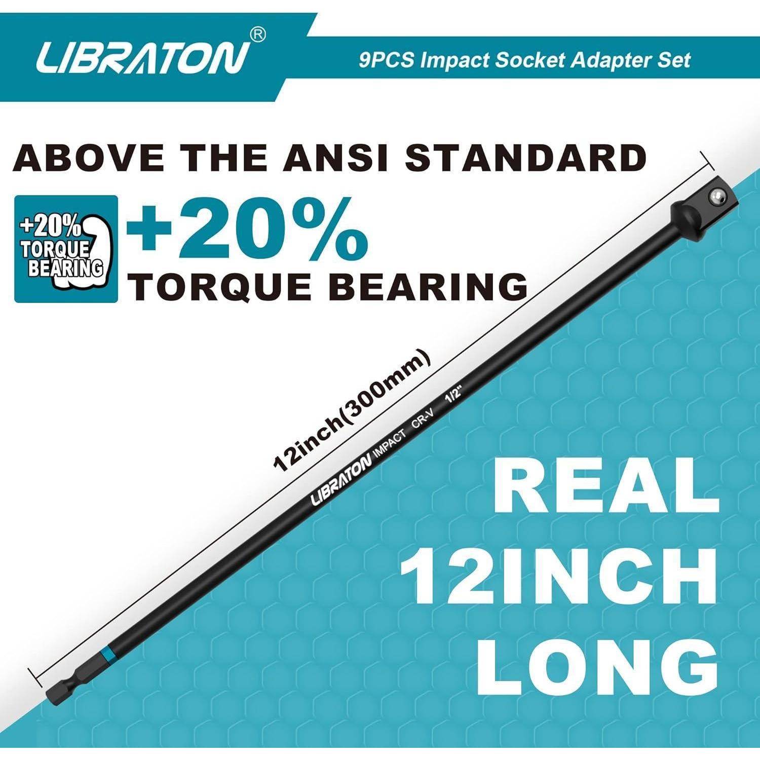 Libraton 9-teiliges Impact Socket Adapter Set mit einem 30 cm langen Adapter mit +20% Drehmomentlager und Anspruch „über dem ANSI-Standard