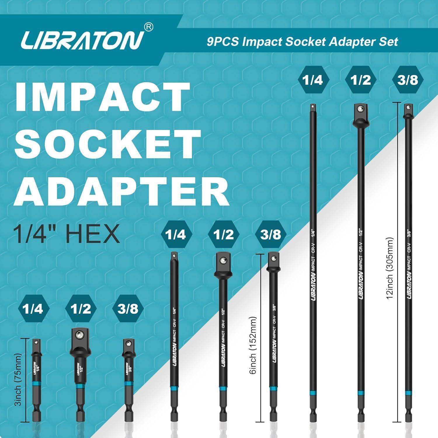 Produktgrafik für Libraton 9-teiliges Impact-Socket-Adapterset mit 1/4-, 1/2- und 3/8-Zoll-Sechskantadaptern in verschiedenen Längen, einschließlich 3, 6 und 12 Zoll.