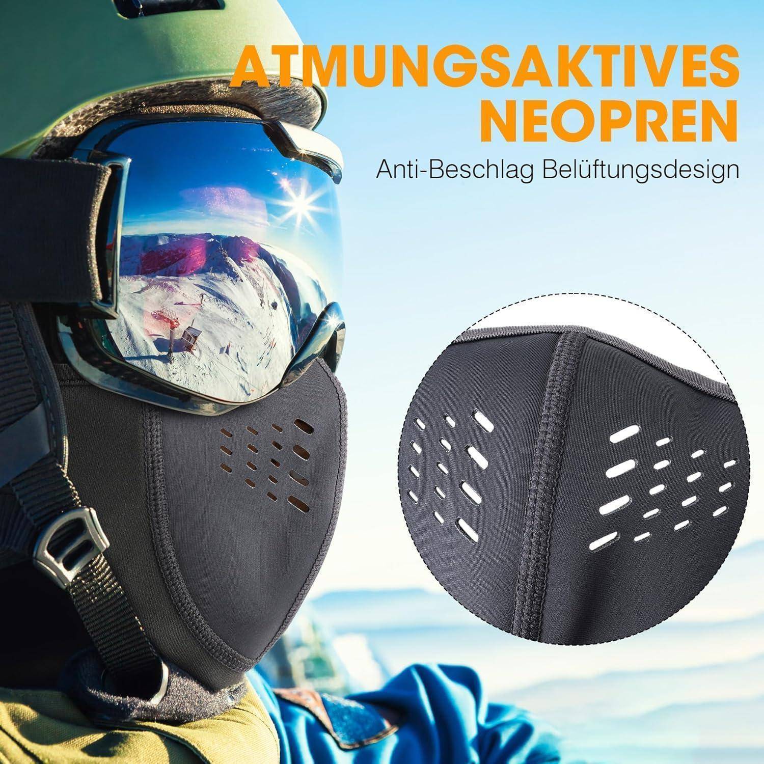 Skifahrer trägt Schutzbrille und atmungsaktive Neopren-Gesichtsmaske; Ausschnitt zeigt Lüftungslöcher mit deutschem Text „ATMUNGSAKTIVES NEOPREN