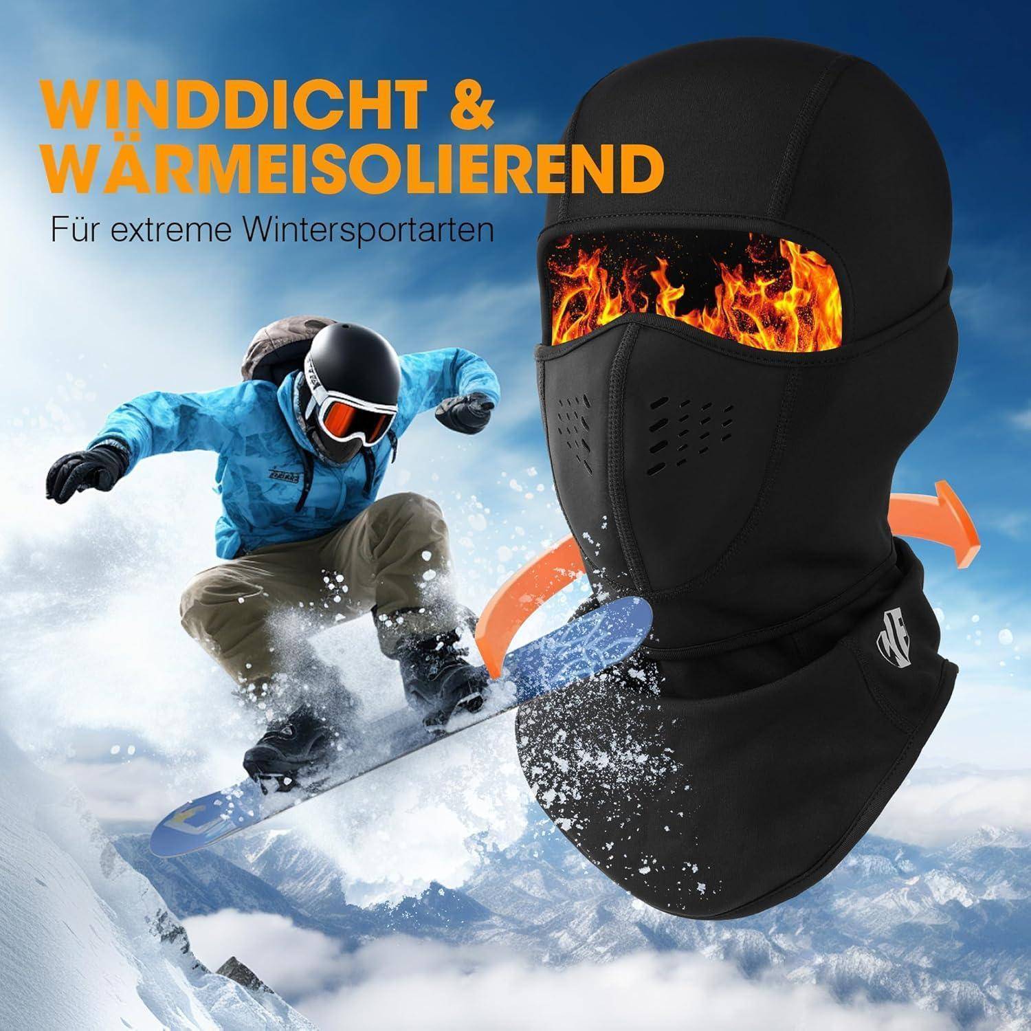 Werbebild einer schwarzen Winterspannmaske mit feurigen Schutzbrillen, gekennzeichnet mit 