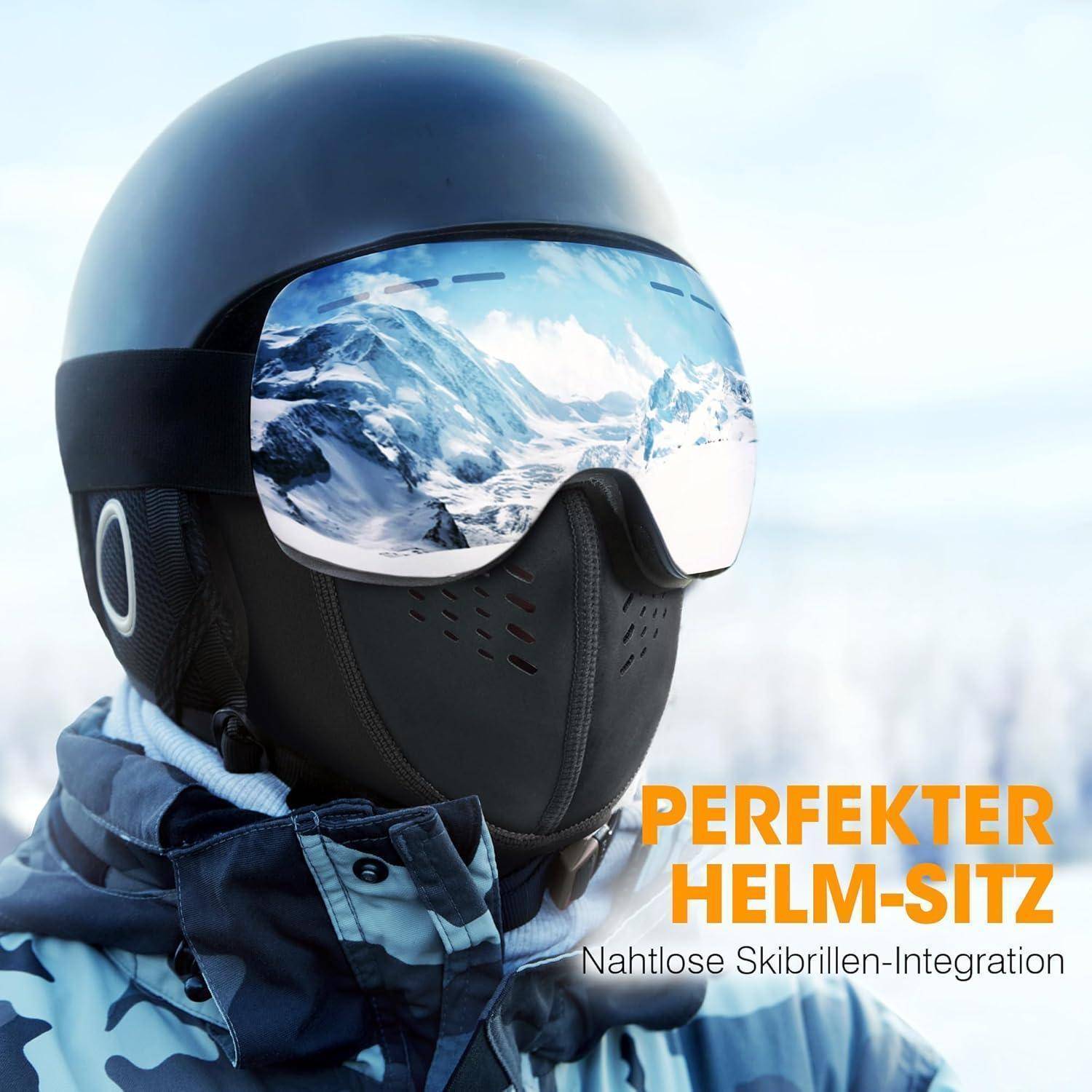 Skifahrer in schwarzem Helm, Gesichtsmaske und verspiegelter Schutzbrille mit Bergspiegelung; Text sagt 