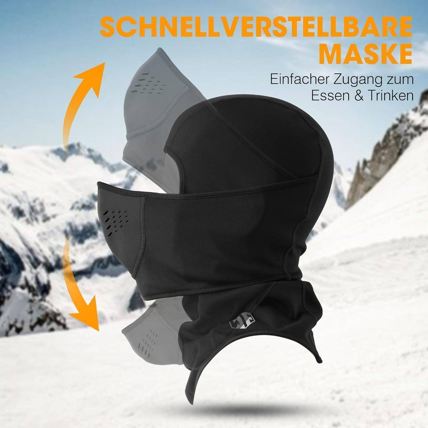 Werbebild einer schwarzen schnellverstellbaren Skimaske mit hochklappbaren Paneelen, die einen einfachen Zugang zum Essen und Trinken vor einem schneebedeckten Berghintergrund zeigt.