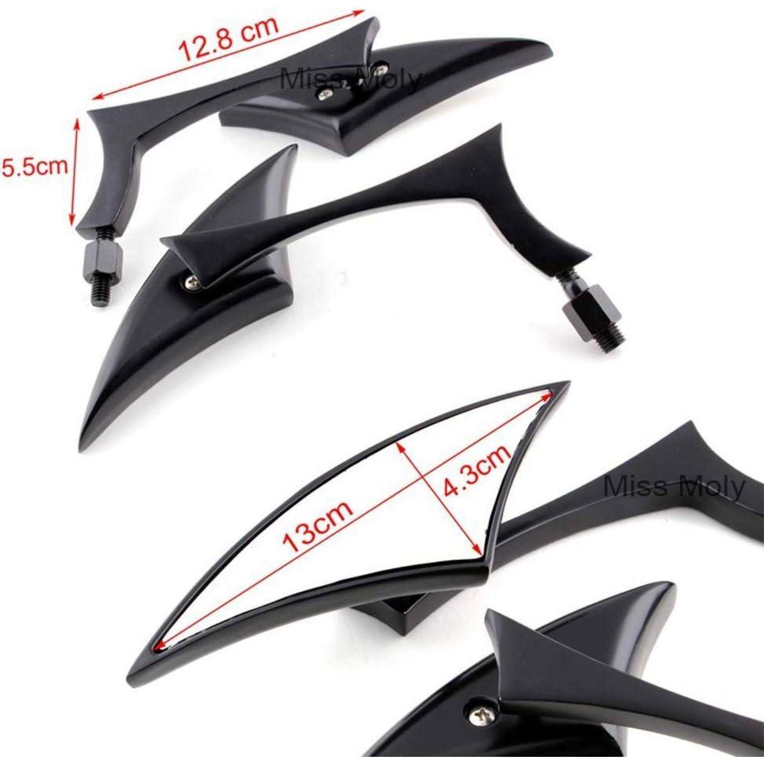 Schwarzes Motorrad-Spiegelset mit eckigen, klingenartigen Stielen, dargestellt in mehreren Ansichten, mit Anmerkungen der Abmessungen 12,8 cm, 5,5 cm, 13 cm und 4,3 cm.