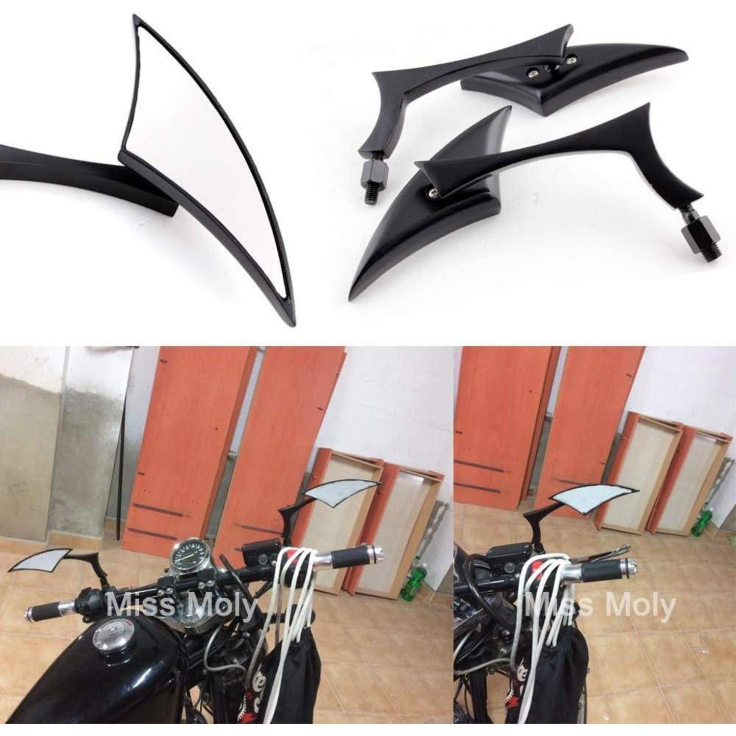 Motorrad-Rückspiegel mit kantigen schwarzen Stangen und silbernen Spiegelköpfen, dargestellt in Produktansicht und montiert auf einem Motorrad-Lenker.