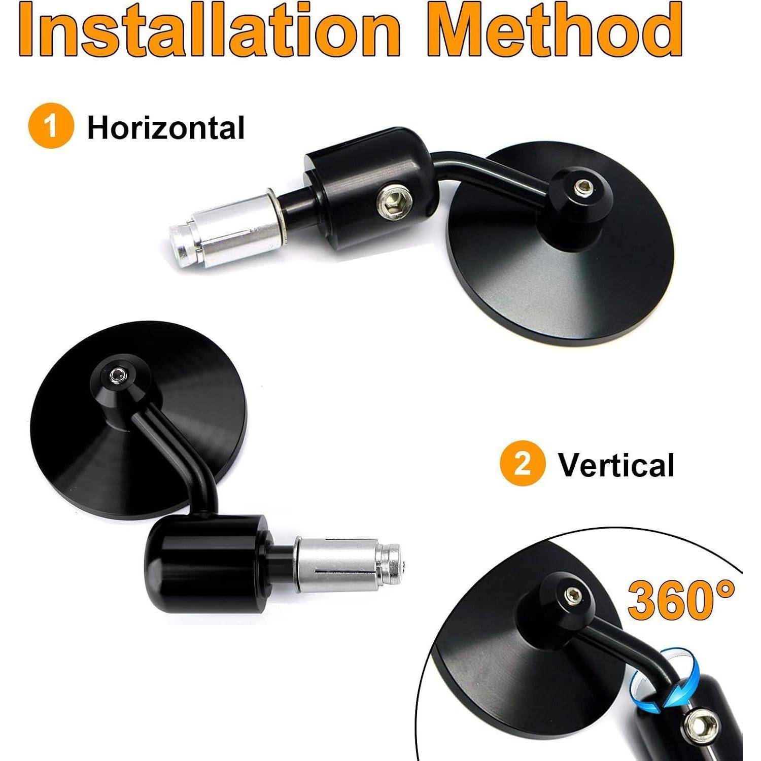 Installationsmethodendiagramm zeigt eine runde schwarze Halterung, die horizontal oder vertikal installiert ist, mit 360°-Drehung.