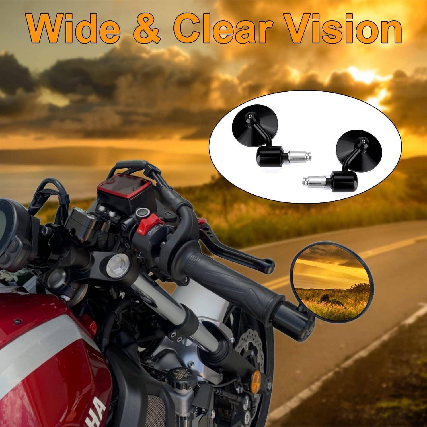 Motorradlenkstange mit rundem Seitenspiegel, der einen erweiterten Rückblick zeigt; die Einfügung hebt Spiegelbefestigungen unter dem Text „Breite & Klare Sicht