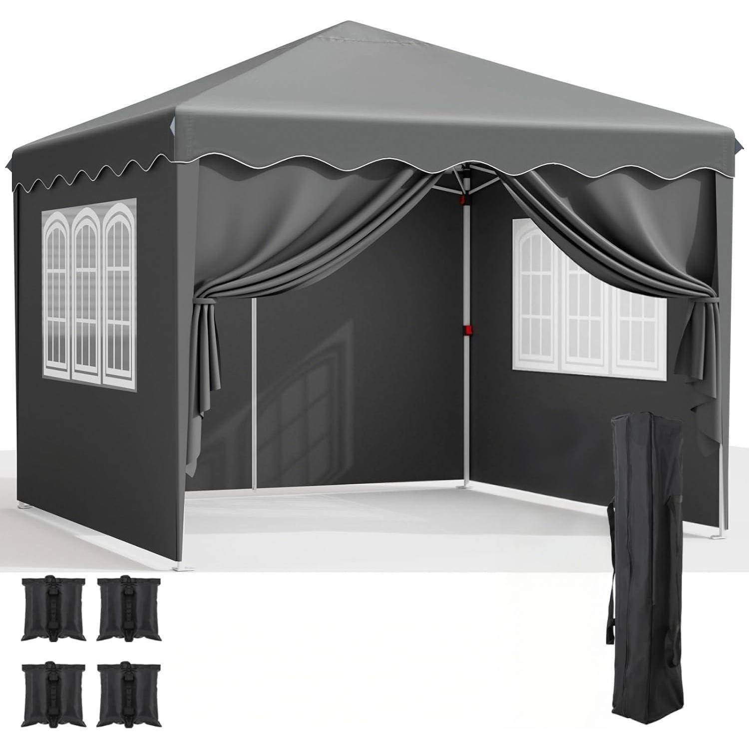 Schwarzes Pop-up-Pavillon-Zelt mit grauem Spitzdach und Seitengardinen, teilweise geöffnet gezeigt mit Fenstern und einer Tragetasche