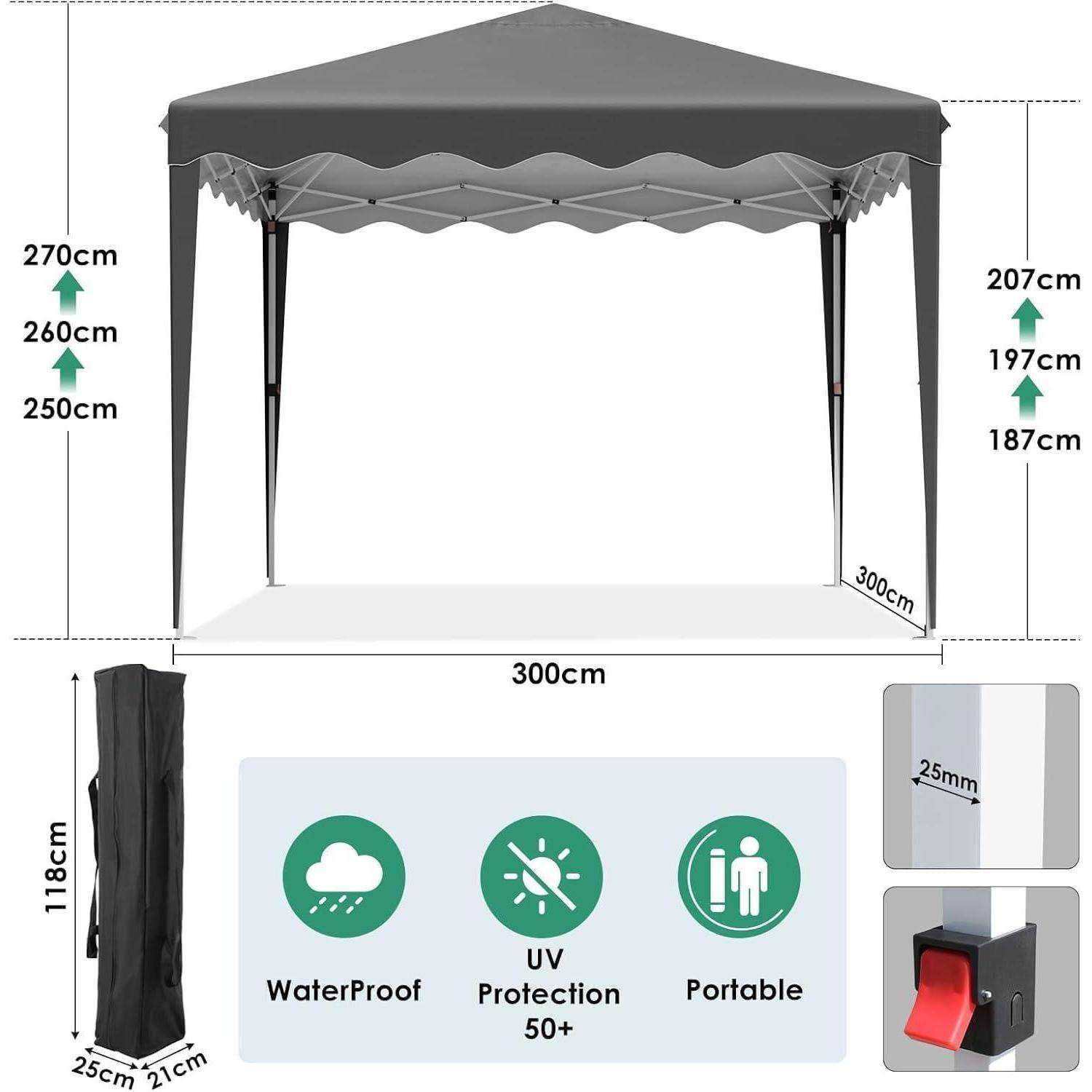 Tragbares 3 x 3 m Pop-up-Pavillon-Zelt mit verstellbaren Höhen, gezeigt mit Tragetasche und Features: wasserdicht, UV-Schutz 50+, und tragbar.