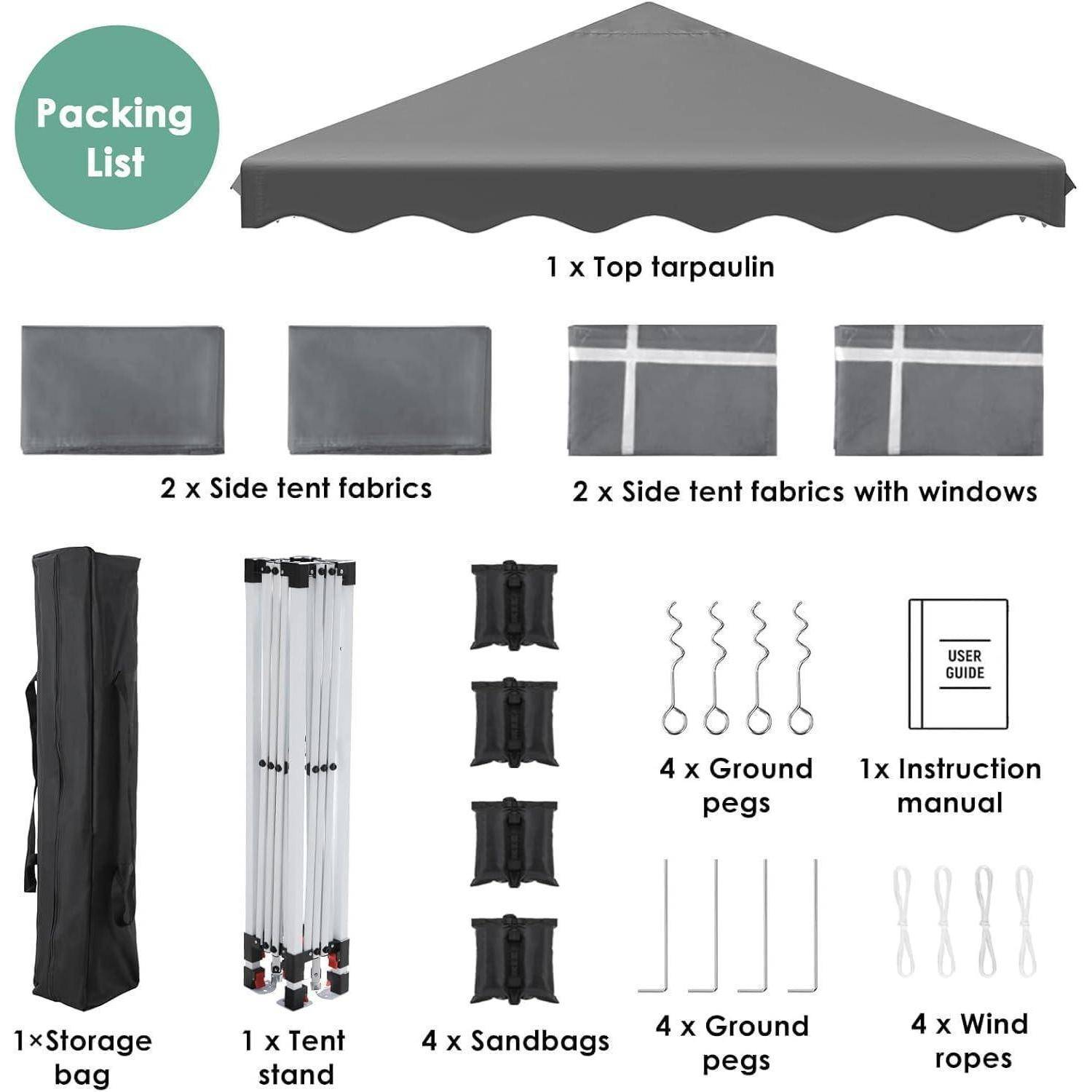 Packliste für ein Zeltdach: obere Plane, Seitenzeltbahnen, Fensterplatten, Aufbewahrungstasche, Zeltgestell, Sandsäcke, Heringe, Bodenstangen, Windseile und Bedienungsanleitung.