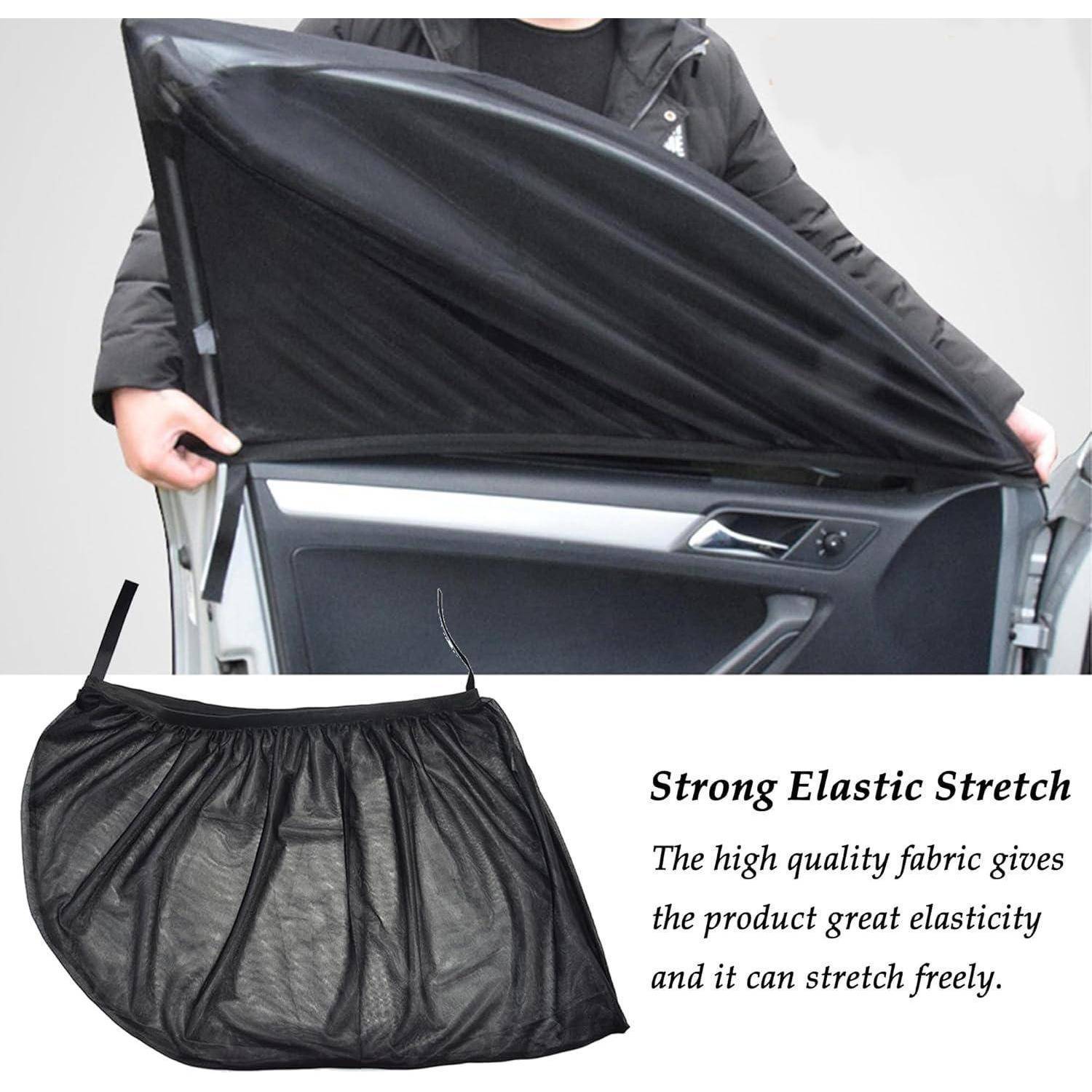 Person, die eine schwarze elastische Autotürschutzabdeckung über eine offene Autotür hält; Einschub zeigt die Abdeckung mit dem Text „Strong Elastic Stretch
