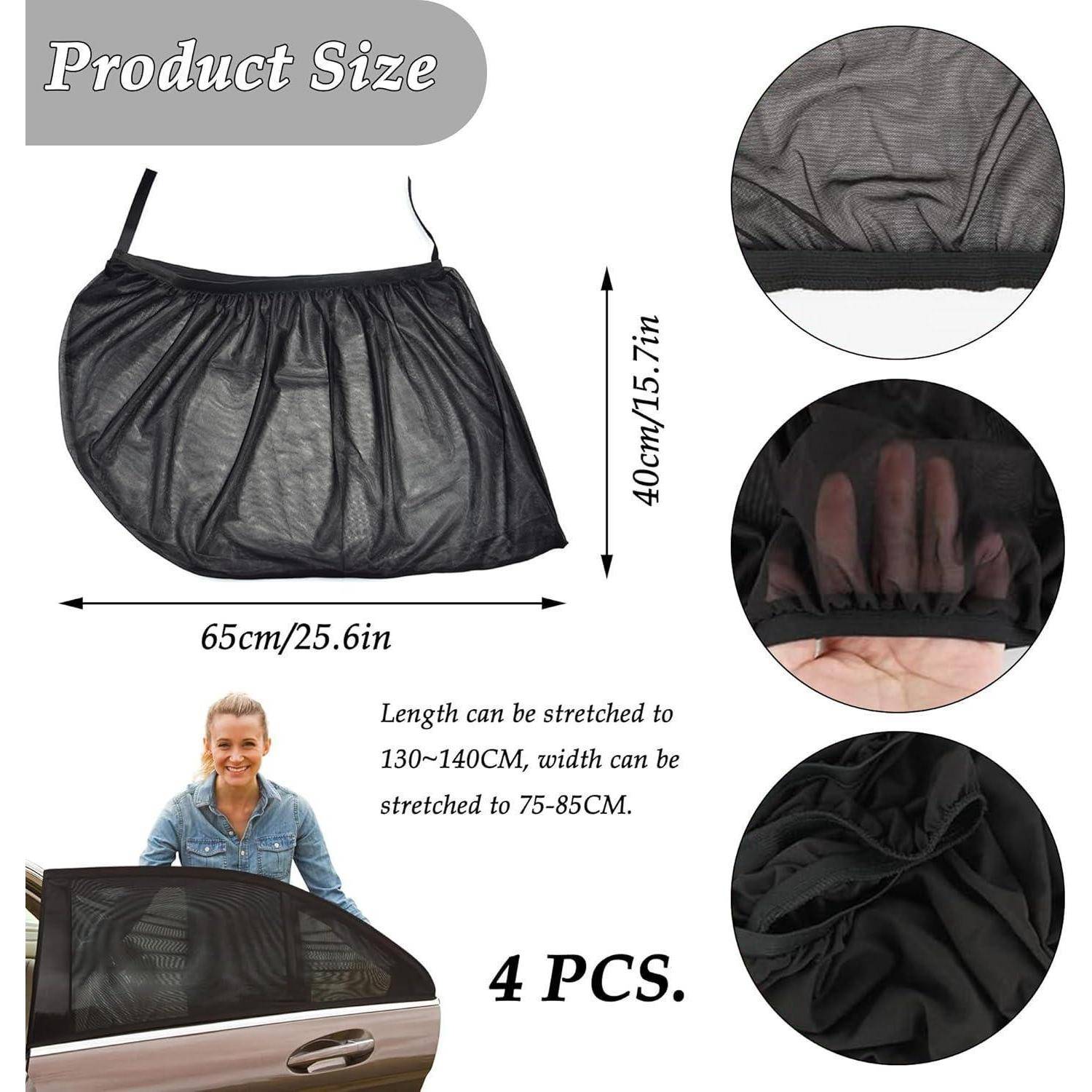 Produktgrößen-Diagramm für eine schwarze Mesh-Autotasche, die 65 cm Breite und 40 cm Höhe zeigt, dehnbar auf 130-140 cm Länge und 75-85 cm Breite, mit '4 STÜCK' enthalten.