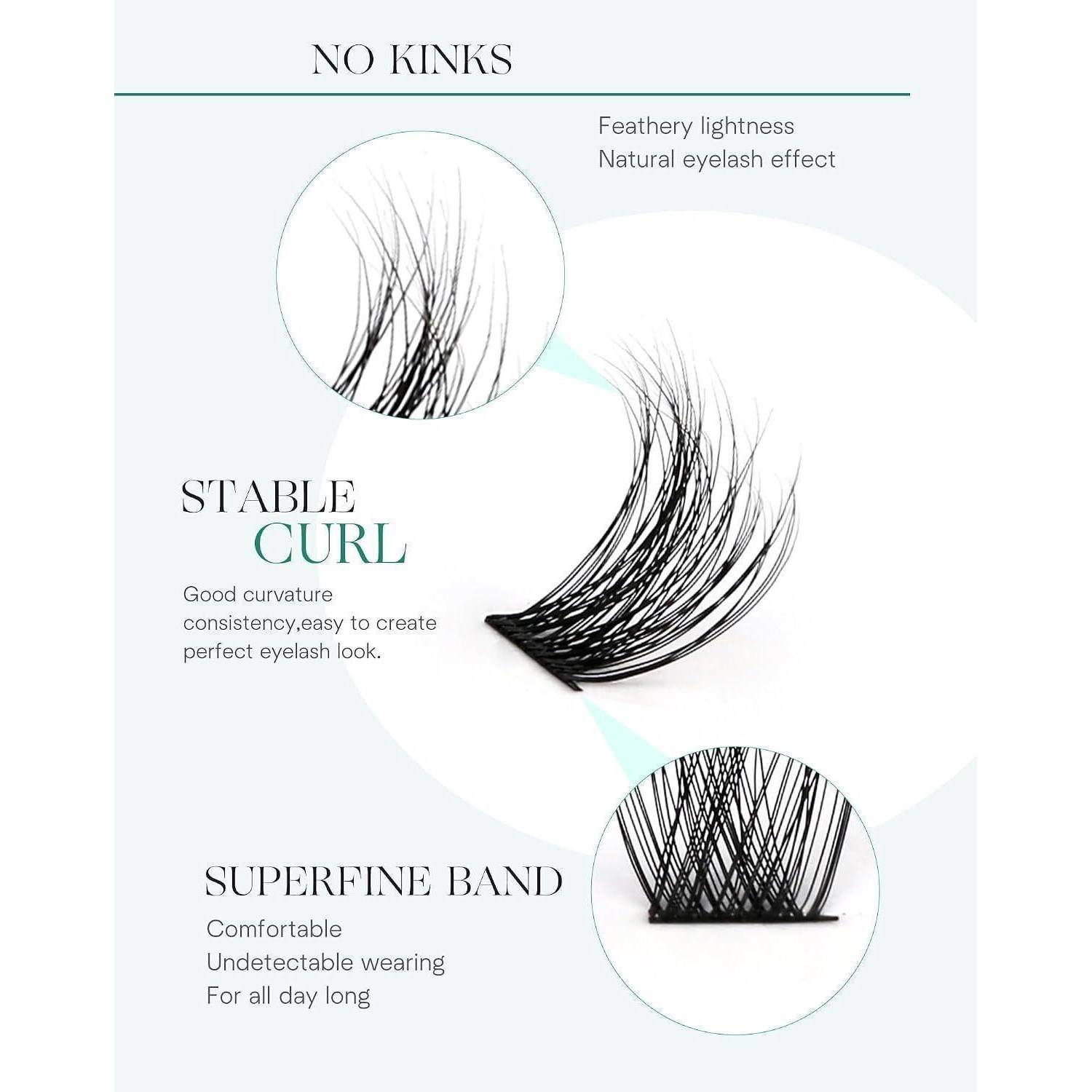 Infografik mit Wimpernverlängerungen mit 'KEINE KNICKE', 'STABILER SCHWUNG' und 'SUPERFEINES BAND'; hebt federleichte, natürliche Optik und ganztägigen Komfort hervor.