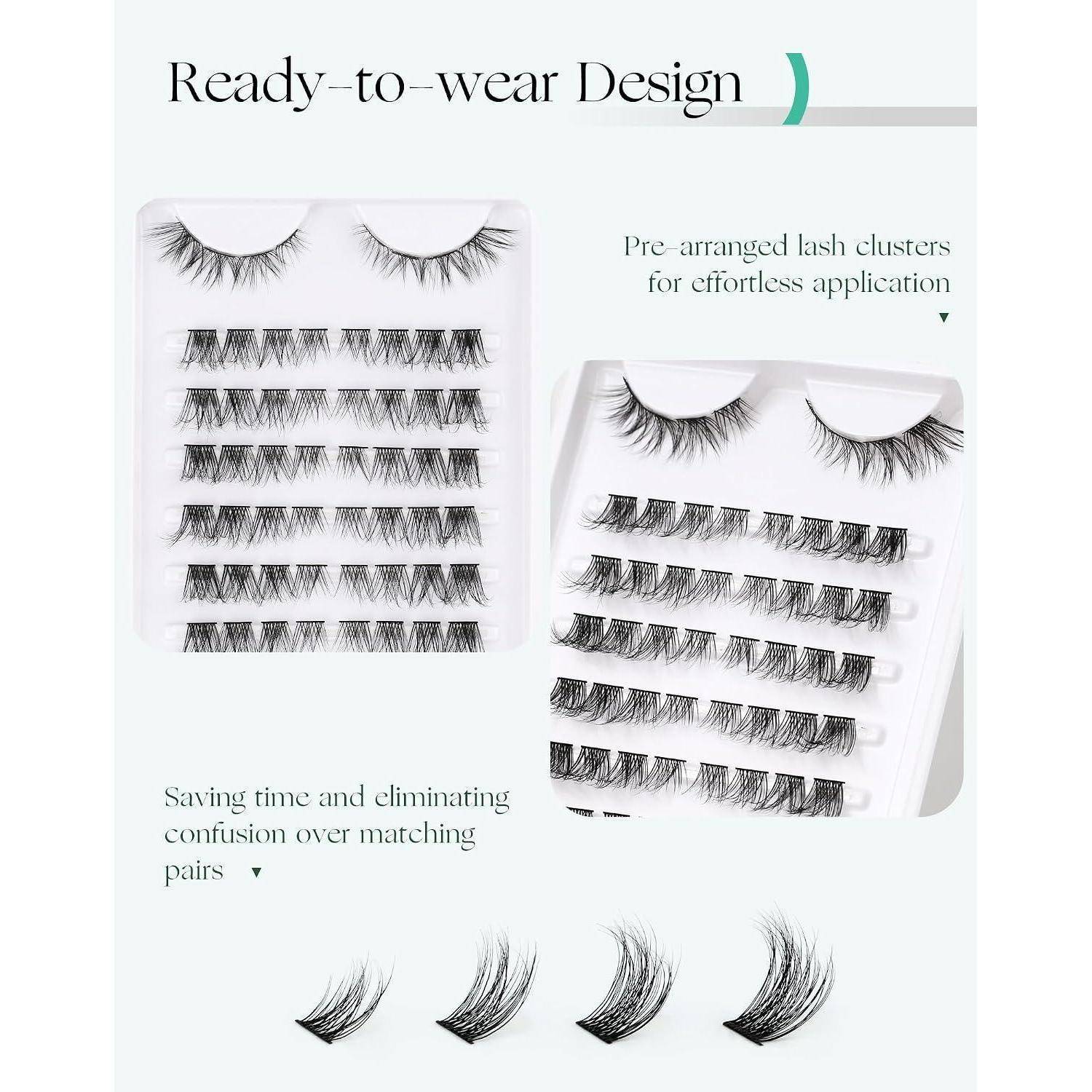 Werbeanzeige mit gebrauchsfertigen Wimpernbüscheln in einem Tablett, mit Text, der vorgefertigte Büschel bewirbt, die Zeit sparen und die Anwendung vereinfachen.