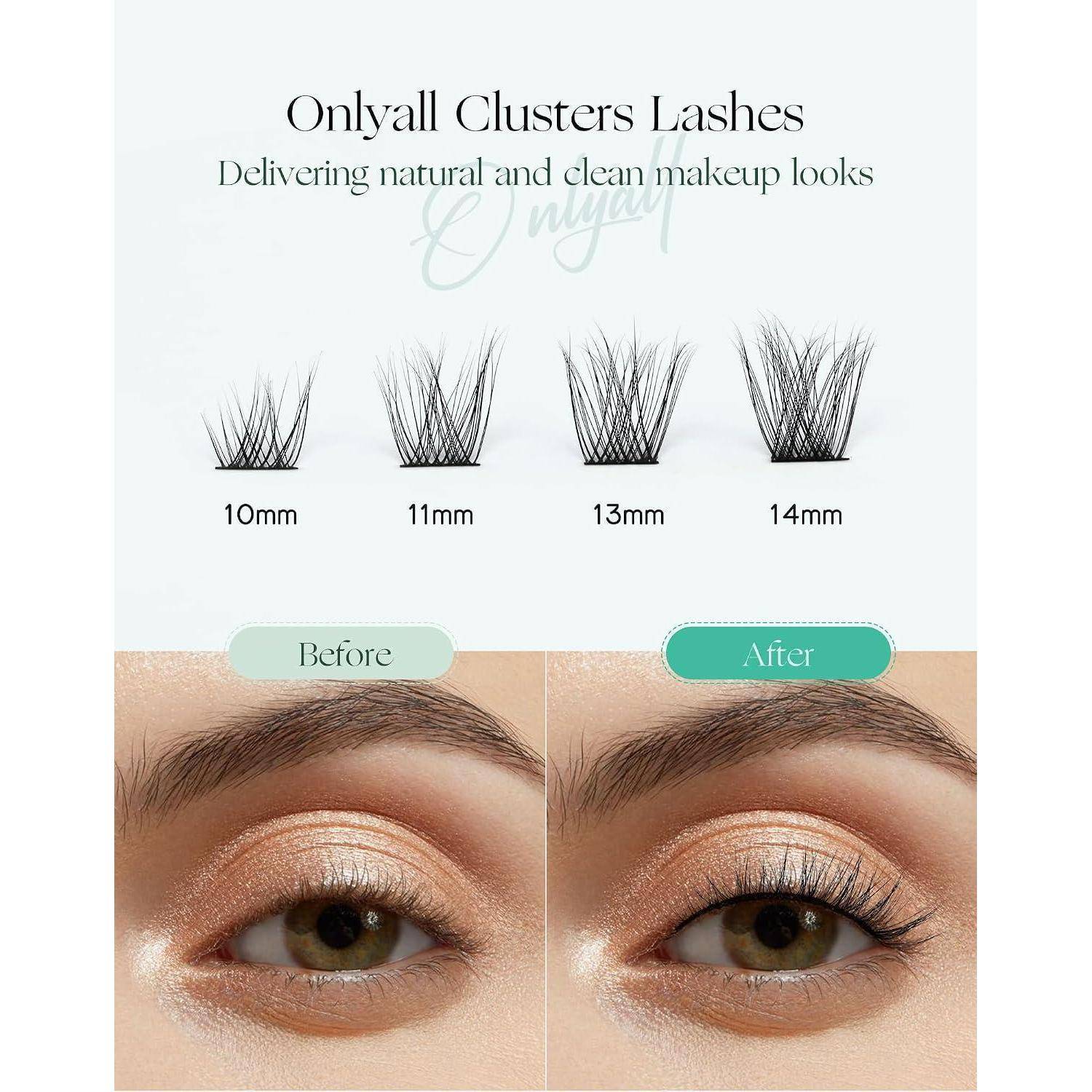 Onlyall Clusters Wimpern Anzeige mit 10mm, 11mm, 13mm und 14mm Wimpernbündeln mit Vorher-Nachher-Ergebnissen des Augen-Make-ups.