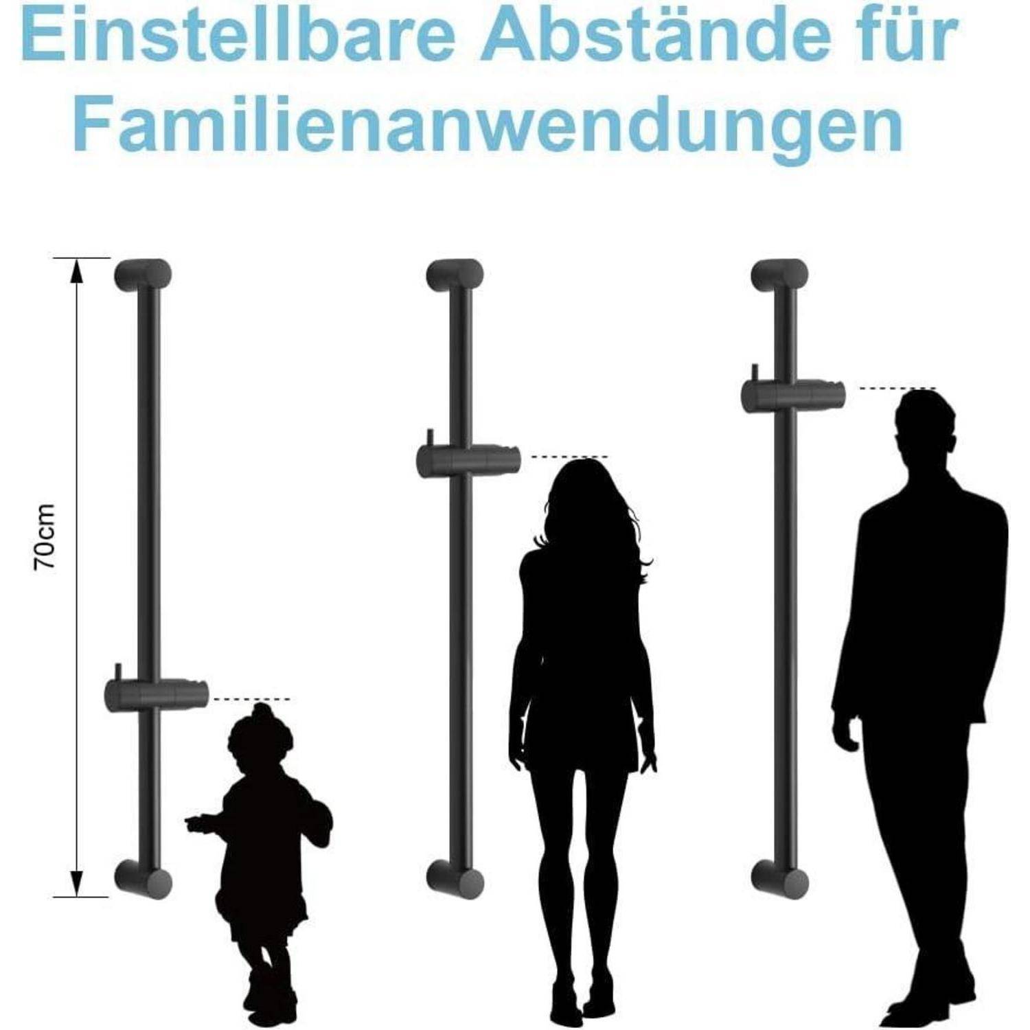 Diagramm, das den einstellbaren Abstand für Familienanwendungen zeigt, mit einer vertikalen Messung von 70 cm und drei menschlichen Silhouetten zunehmender Größe neben einem stabartigen Gerät.