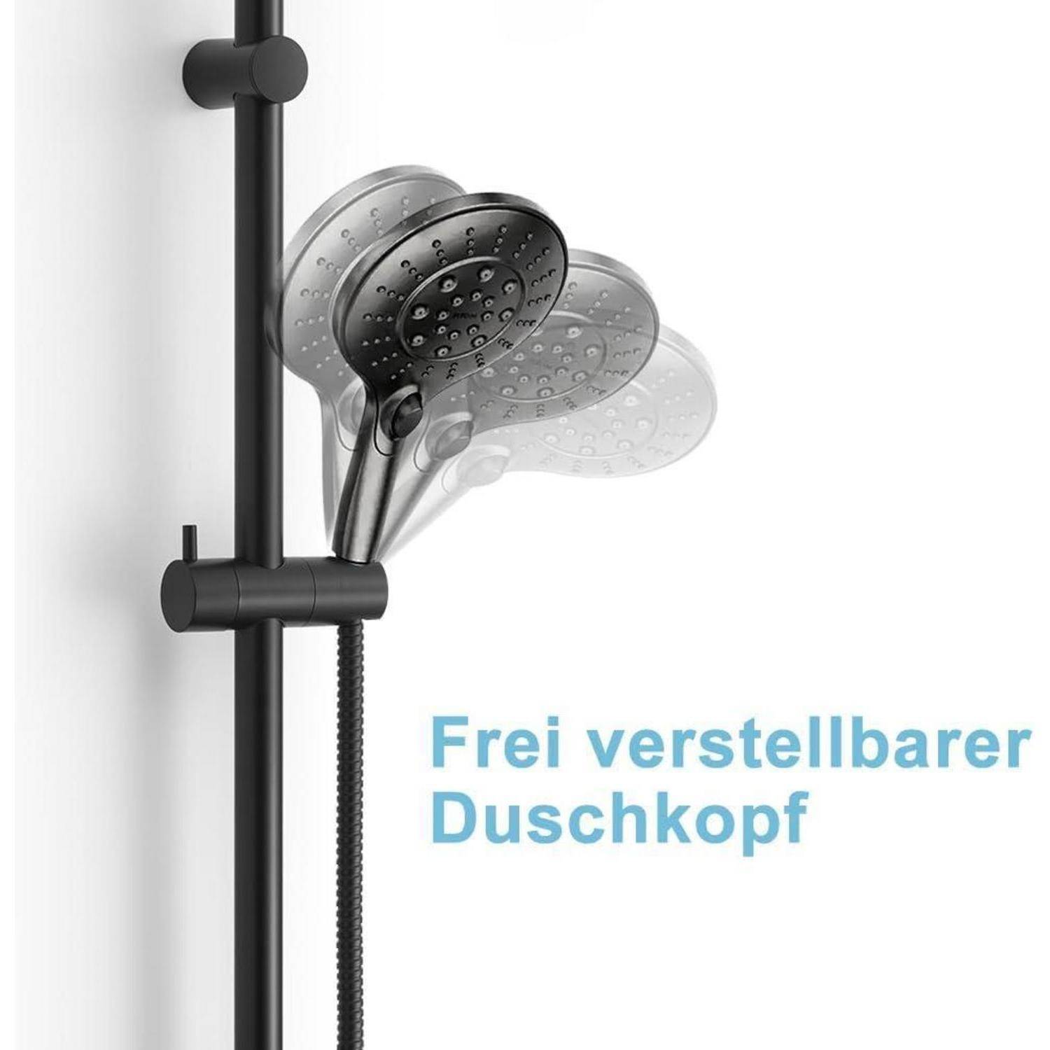 Verstellbarer Duschkopf auf einer schwarzen vertikalen Schiene, mit überlappenden Positionen, die freie Verstellung zeigen; deutscher Text lautet „Frei verstellbarer Duschkopf