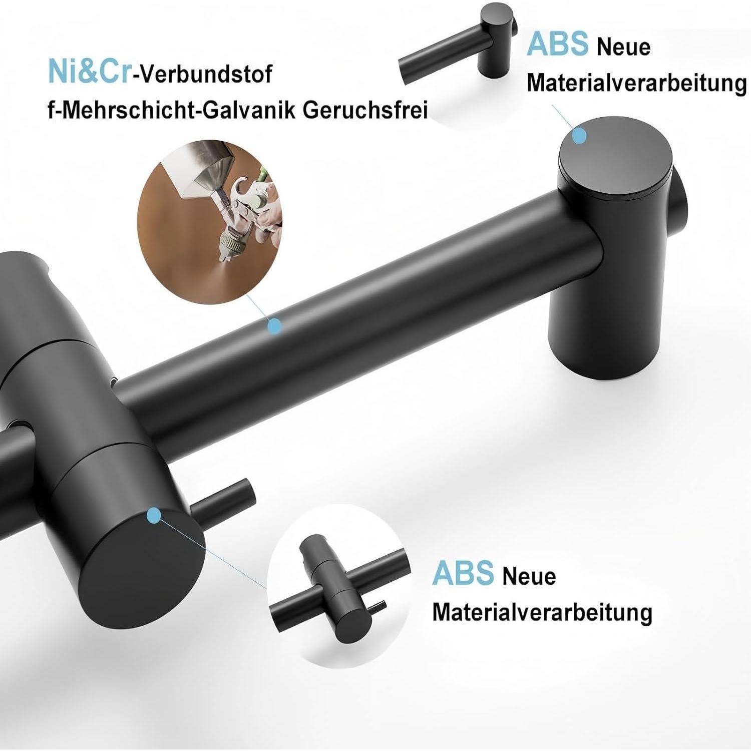 Schwarzer Wasserhahn-Griff und -Stange mit Beschriftungen in Deutsch, die 'Ni&Cr-Verbundstoff', 'f-Mehrschicht-Galvanik Geruchsrei' und 'ABS Neue Materialverarbeitung' hervorheben.