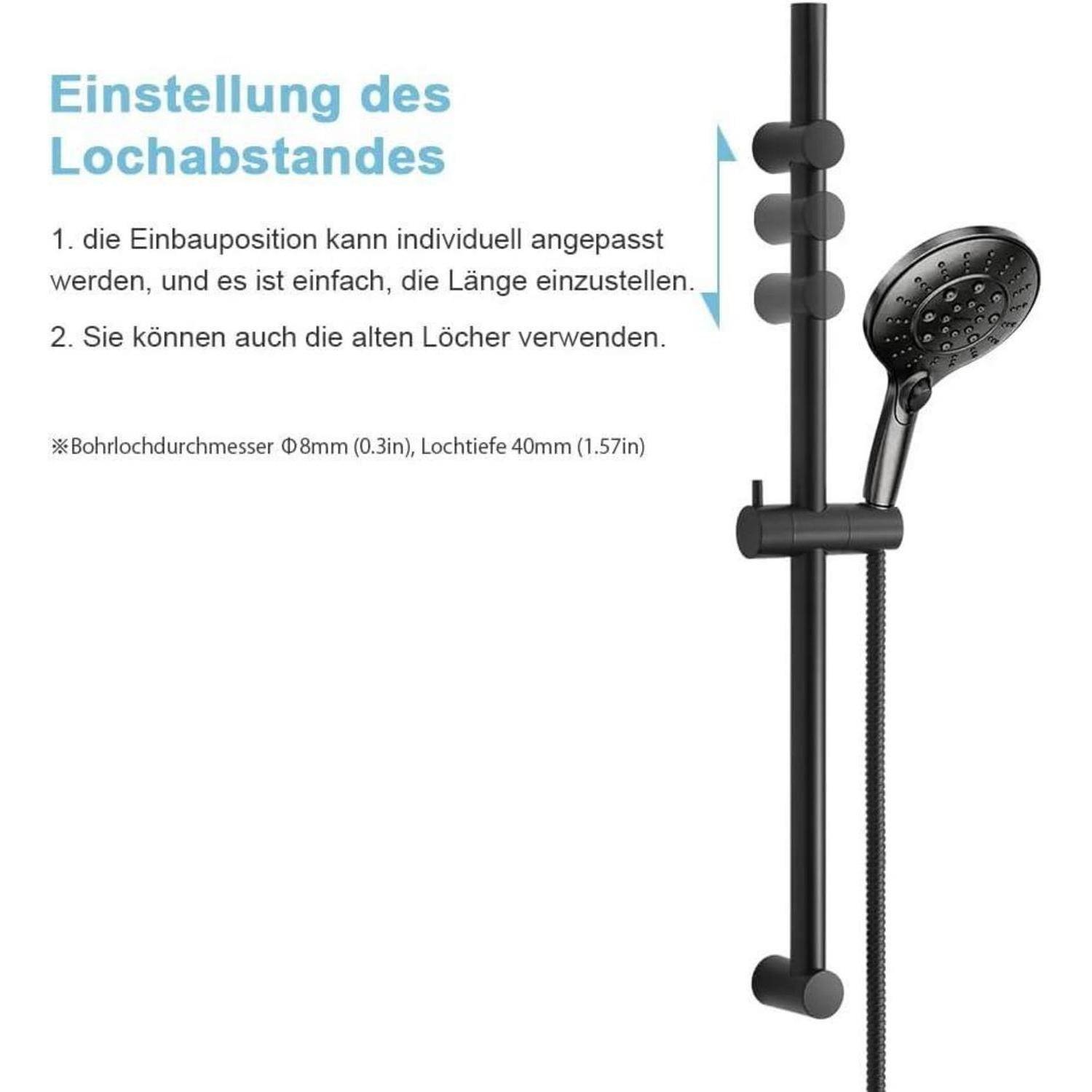Diagramm einer Duschstange mit verstellbarem Lochabstand und Installationsposition; Deutsche Textnotizen zeigen, dass vorhandene Löcher wiederverwendet werden können, und geben einen Bohrerdurchmesser von 8 mm und eine Lochtiefe von 40 mm an.
