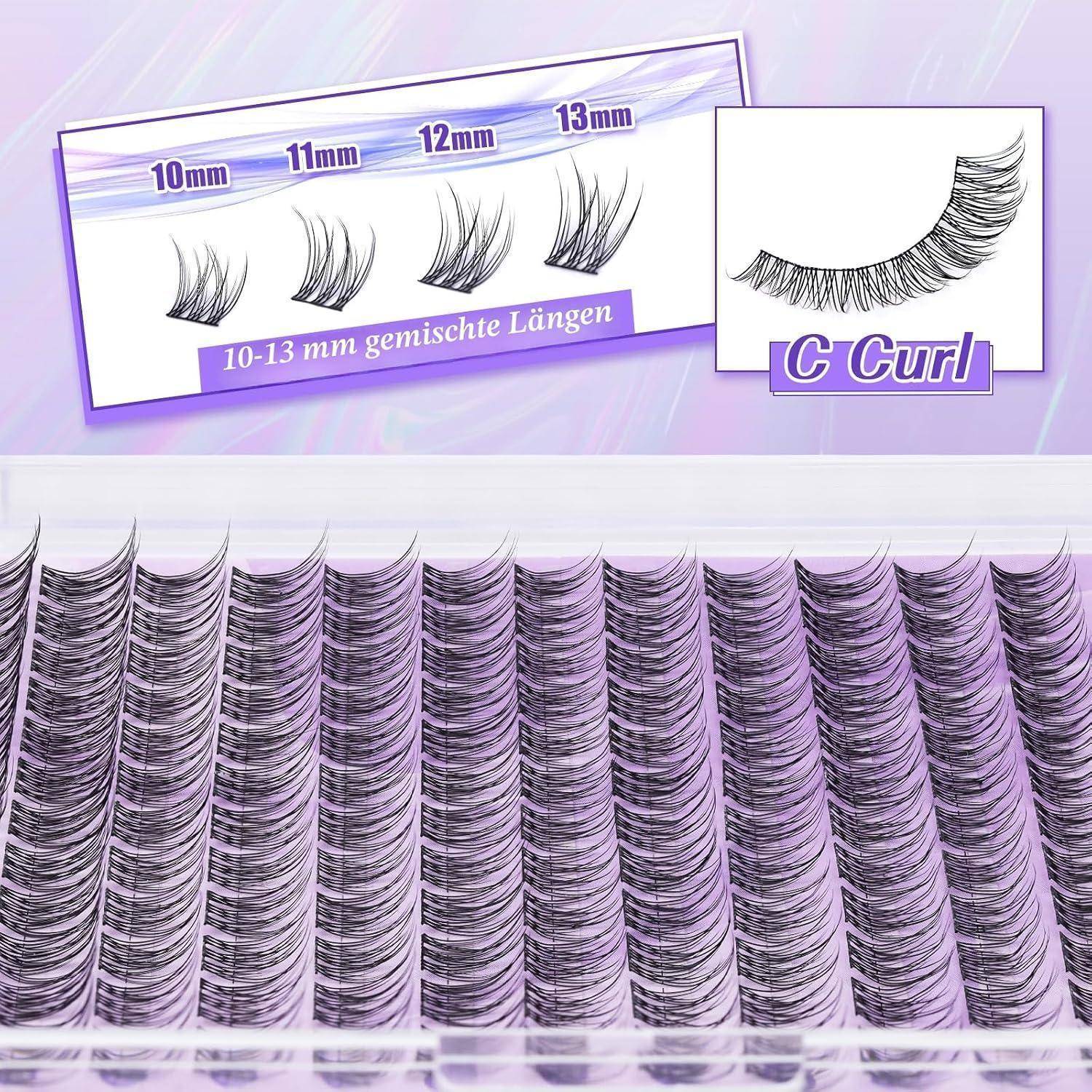 Produktpräsentation von künstlichen Wimpern in C-Curl, gemischte Längen 10-13 mm, gezeigt in einem Tablett und Vergleichseinsatz.