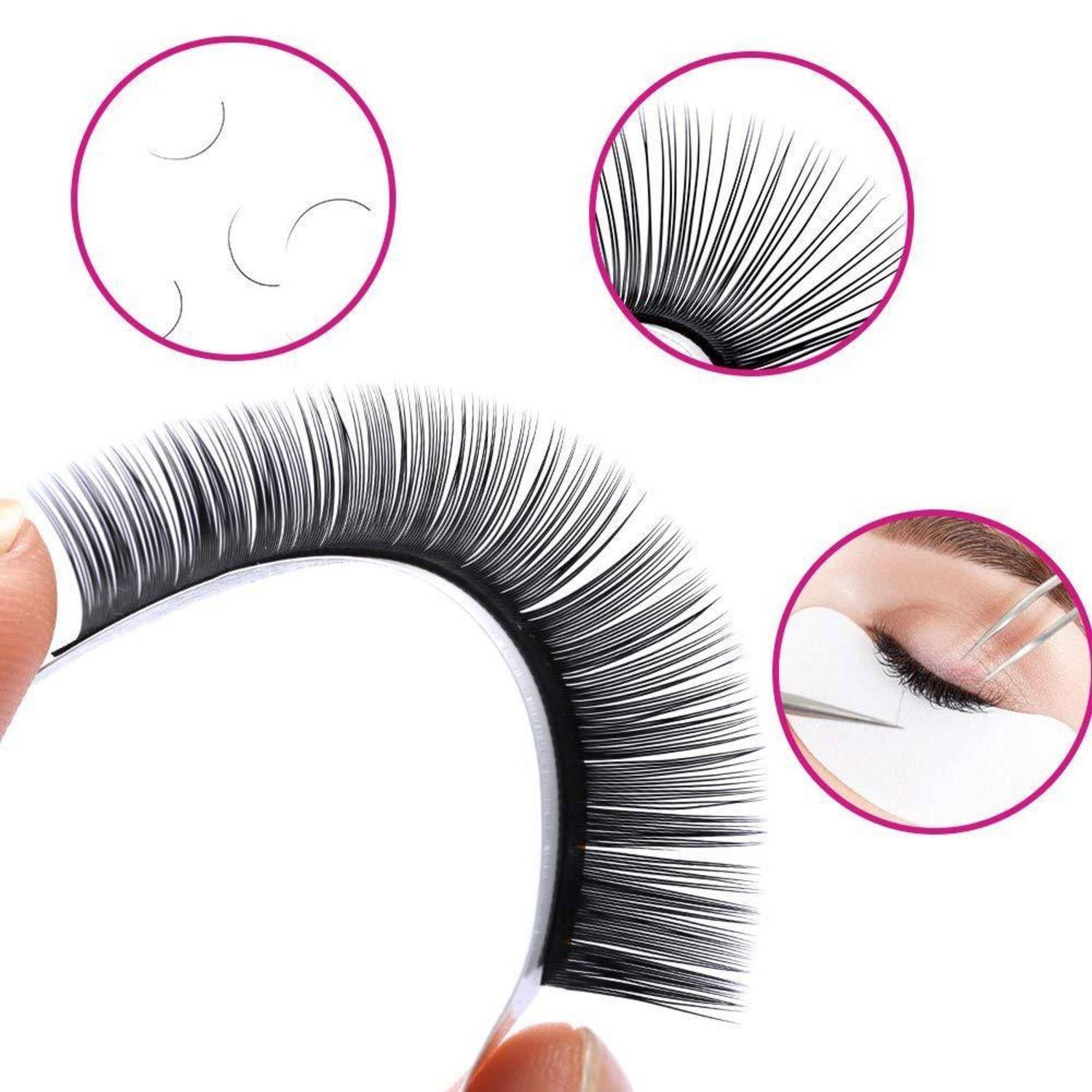 Künstlicher Wimpernstreifen mit Nahaufnahmen einzelner Wimpernfasern und Anwendung mit einer Pinzette auf einem Augenlid.