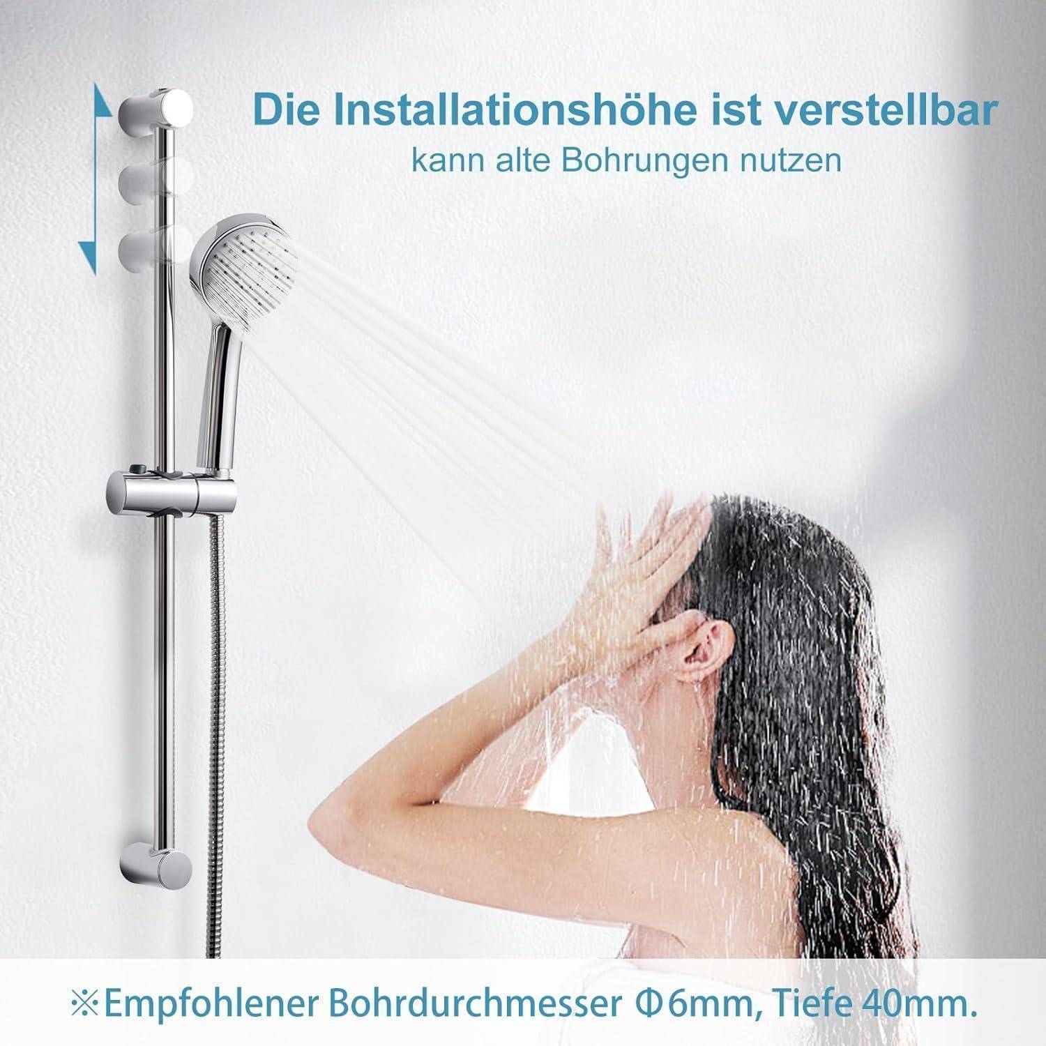 Duschkopf und Schienenstange mit verstellbarer Installationshöhe; Text sagt „Die Installationshöhe ist verstellbar