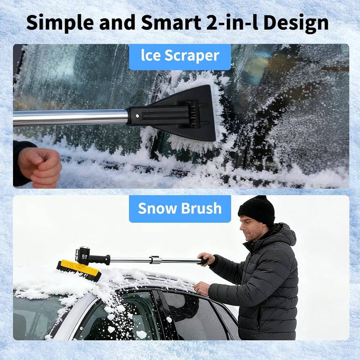 Produktgrafik zeigt ein 2-in-1-Autoschnee-Werkzeug: Ein Eiskratzer entfernt Reif von einer Windschutzscheibe und eine Schneebürste entfernt Schnee vom Autodach.