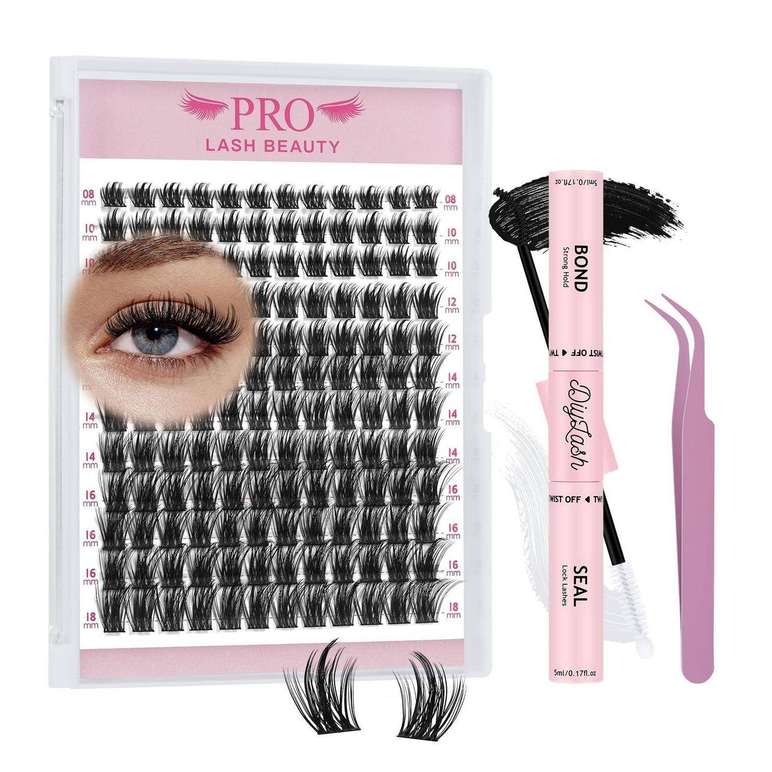PRO Lash Beauty Wimpernverlängerungs-Kit mit Tablett mit verschiedenen Wimpernlängen, Klebstofftuben, Pinzetten, Bürste und Beispielauge mit angebrachten Wimpern.