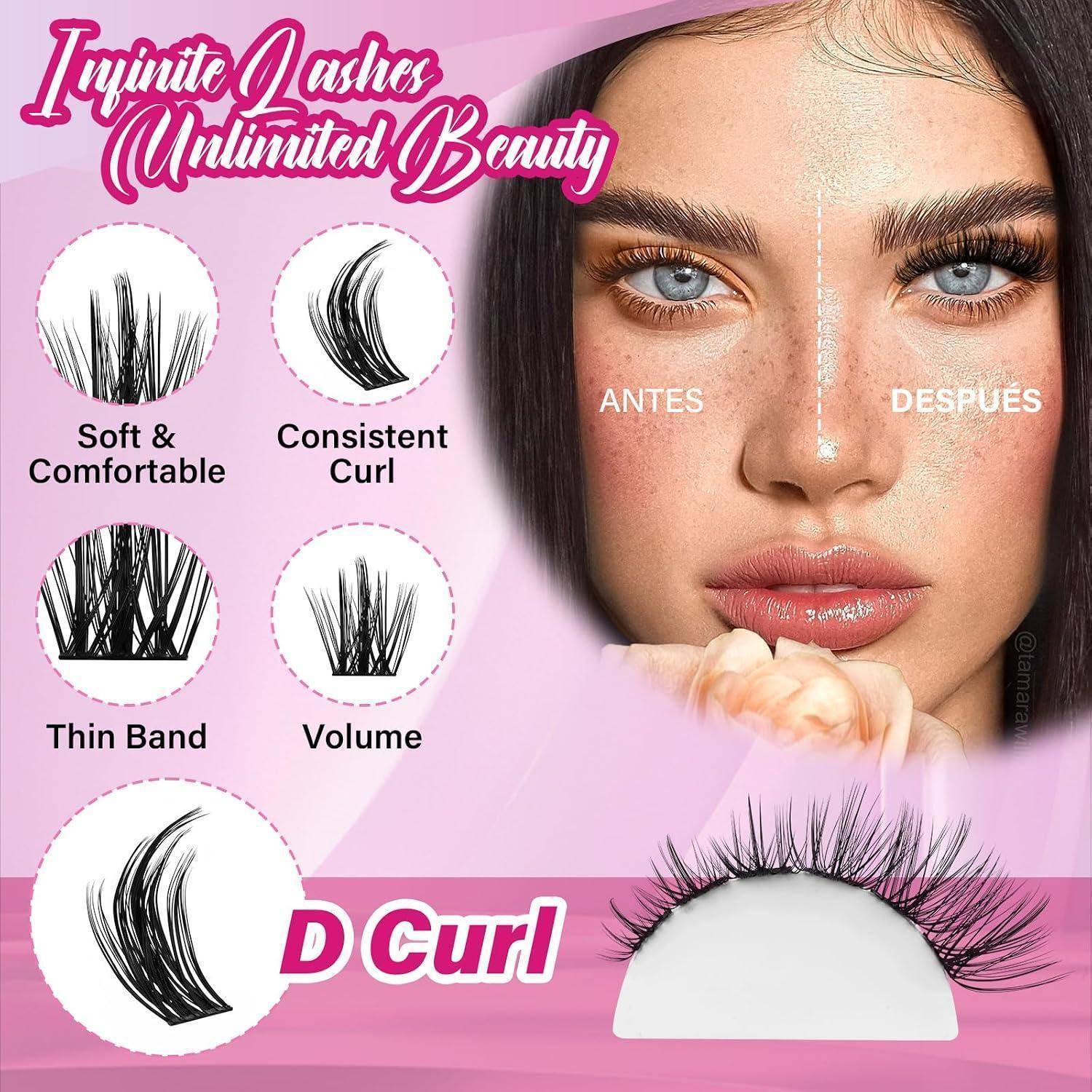 Werbegrafik für D Curl künstliche Wimpern, die das Gesicht einer Frau mit den Bezeichnungen „VORHER