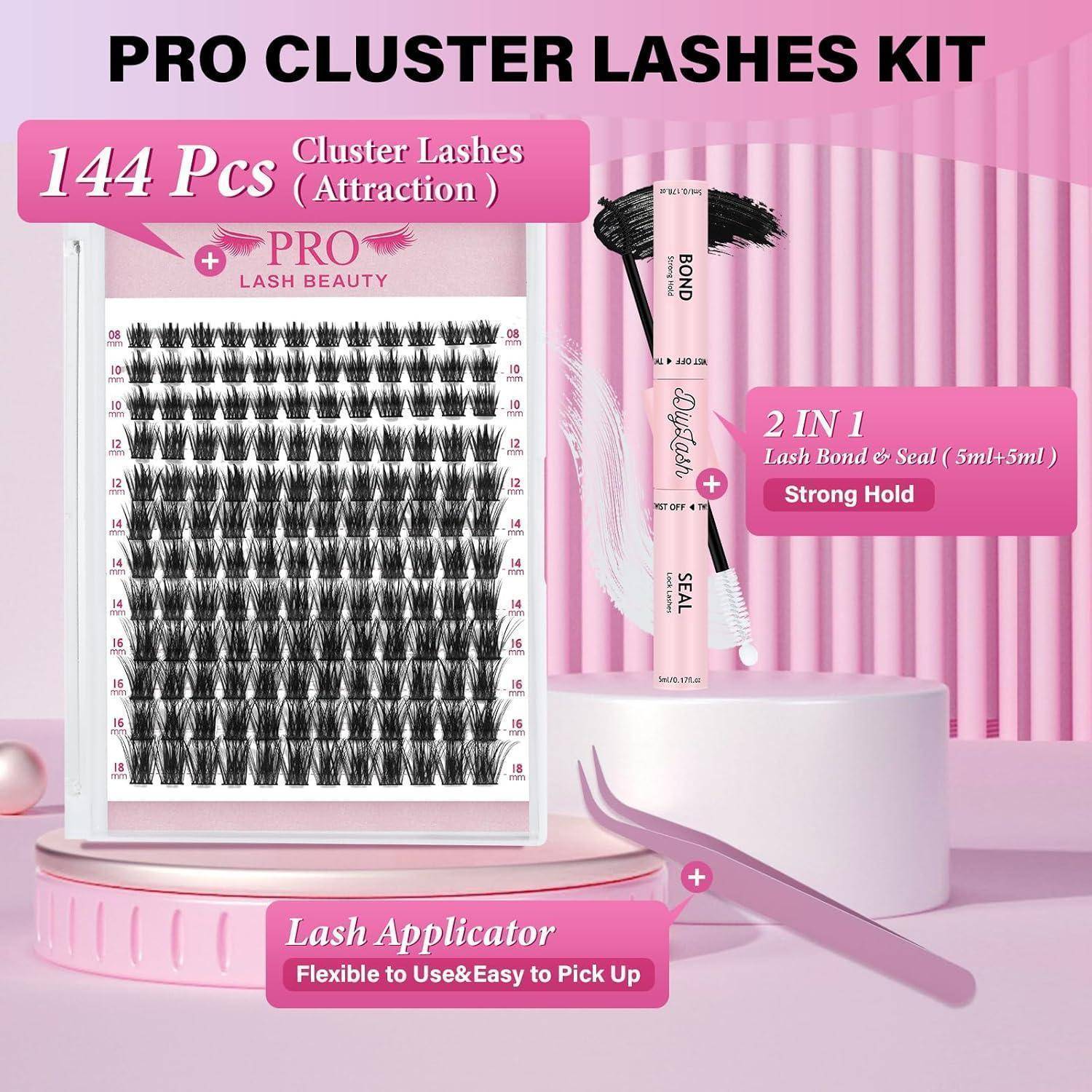 Werbebild eines Pro-Cluster-Wimpern-Sets, das 144 Cluster-Wimpern, einen 2-in-1-Wimpernkleber und -versiegler sowie eine Wimpernapplikator auf einem rosa Display zeigt.