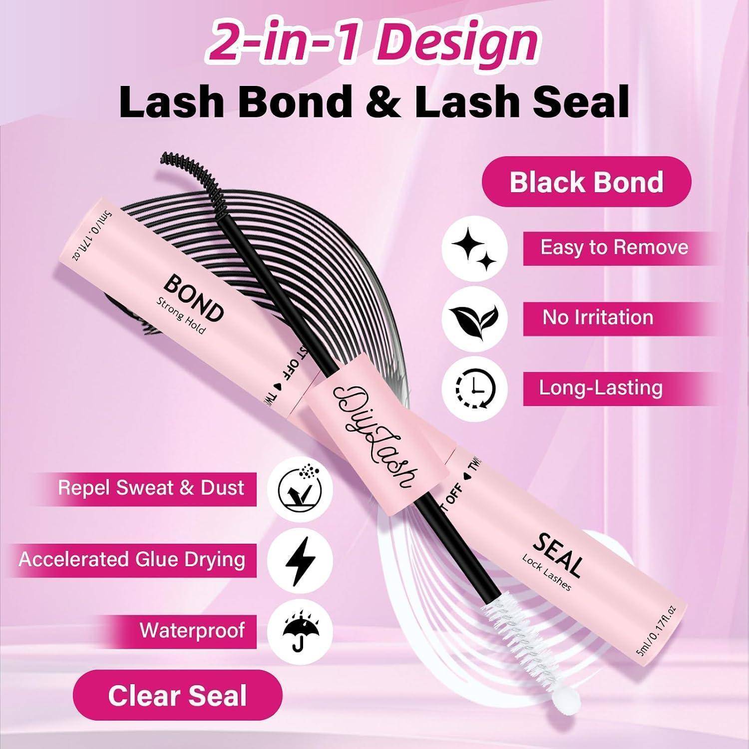 Rosa Werbegrafik für ein 2-in-1-Wimpernkleber- und Versiegelungsprodukt, das zwei rosa Tuben mit Applikatoren zeigt und folgende Aussagen enthält: „Black Bond