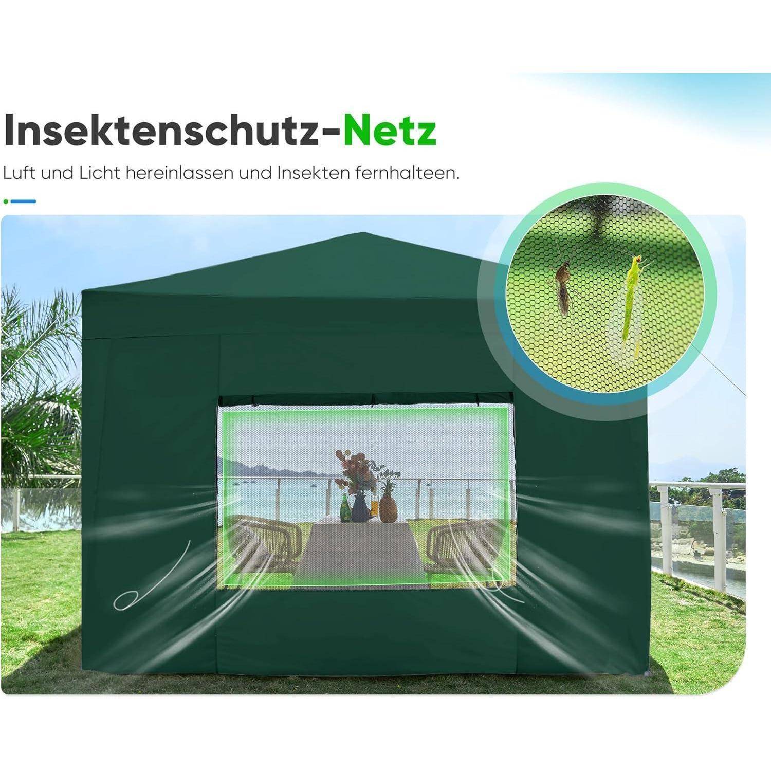 Grünes Insektenschutzzelt mit der Bezeichnung „Insektenschutz-Netz" mit Maschenfenster, das Licht und Luft eindringen lässt und gleichzeitig Insekten abhält.