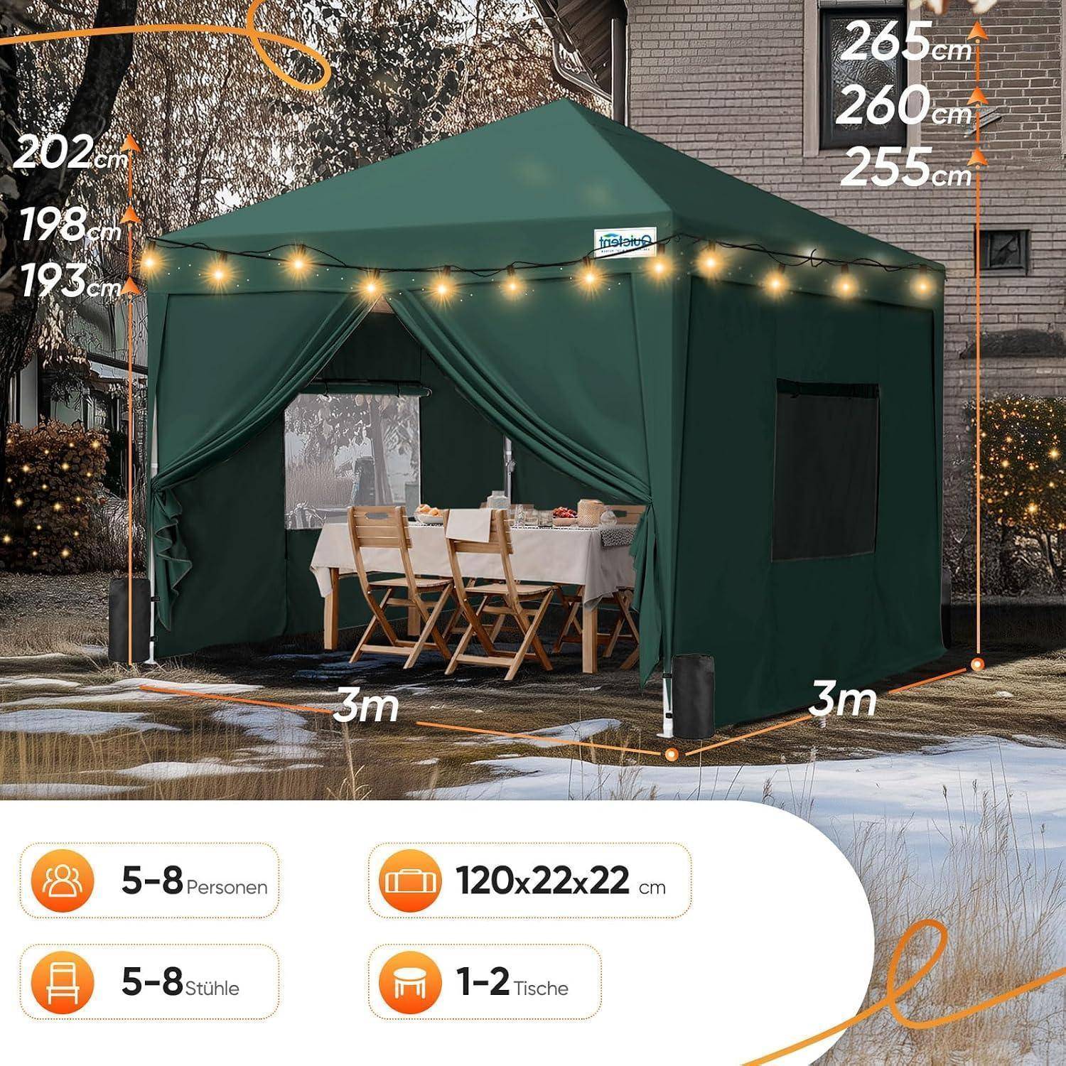 Grünes 3m x 3m Gazebo-Zelt mit Lichterketten und Esstisch, gezeigt mit Größenmarkierungen und Kapazitätsetiketten für 5-8 Personen, 5-8 Stühle und 1-2 Tische.