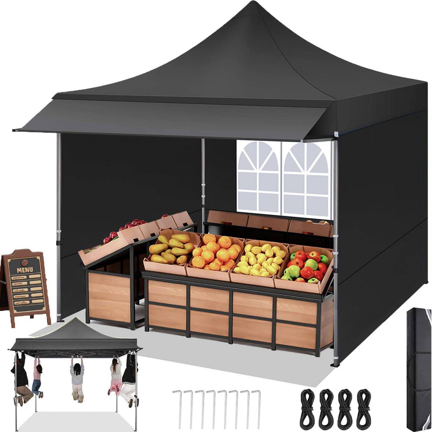 Tragbares Schwarzmarkt-Baldachindach mit Obst-Display-Tischen, Tafelmenütafel und enthalten Heringe, Seile und Tragetasche als Zubehör dargestellt.