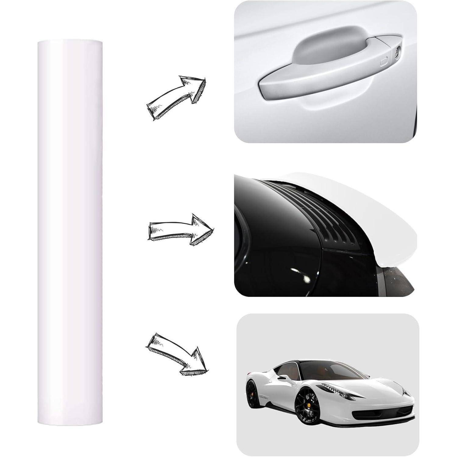 Weiße selbstklebende Vinylfolienrolle mit Pfeilen, die die Anwendung auf einem Autotürgriff, Dachentlüftung und Sportwagen für benutzerdefiniertes Wrapping oder Schutz zeigen.