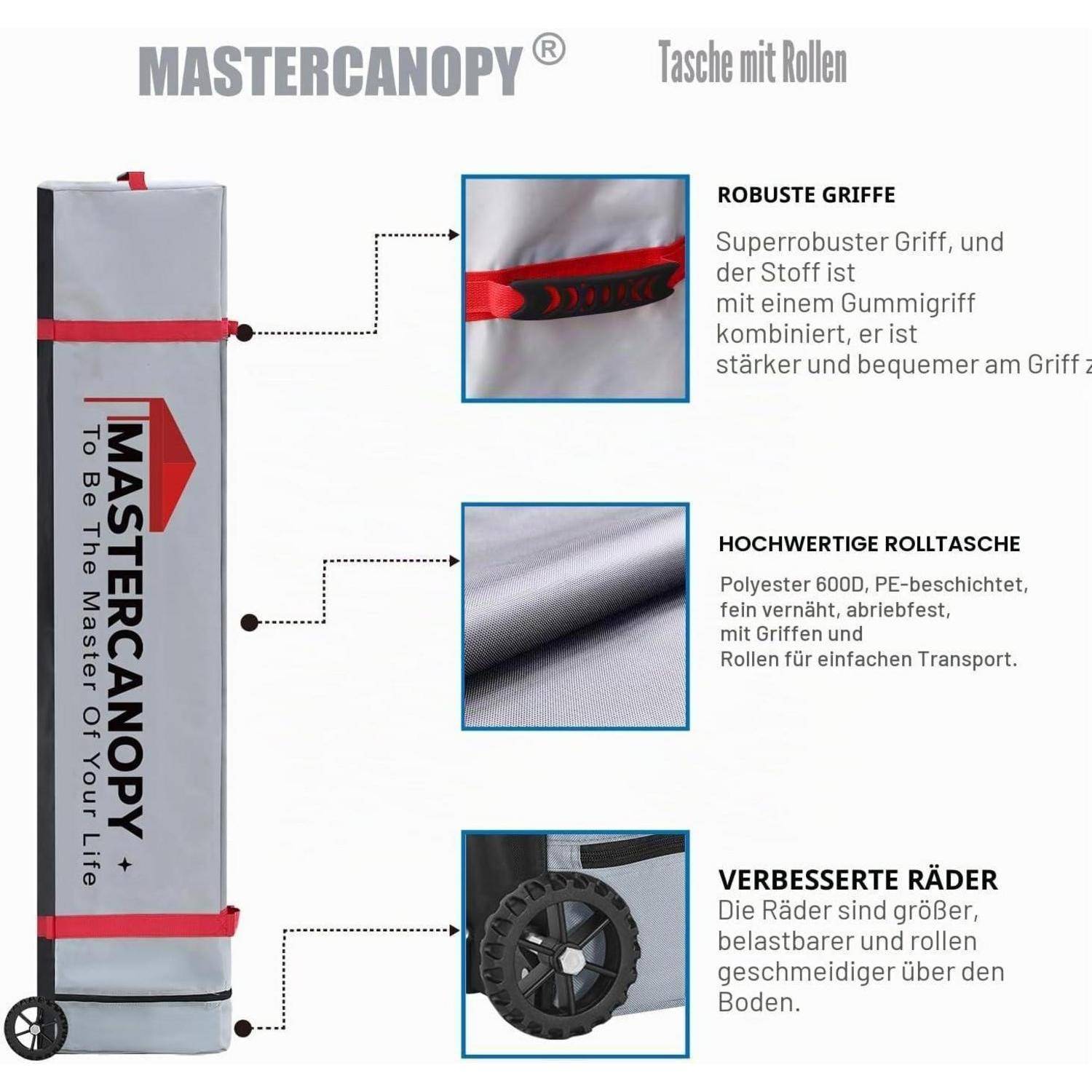 MasterCanopy Pop-up-Pavillon 2,5x2,5 Schnellaufbau, 3-Fach höhenverstellbar, UPF50+, wasserabweisend, inkl. Rolltasche + 4 Sandsäcke, für Camping
